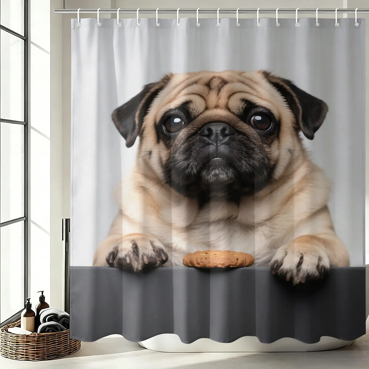 Funny Pug Puppy Shower Curtain Set, Waterproof Cloth Fabric Bathtub Curtain 72"x72" with 12 Hooks, Easy Wash, Cute Pet Dog Bathroom Decor Accessories for Animal Lovers