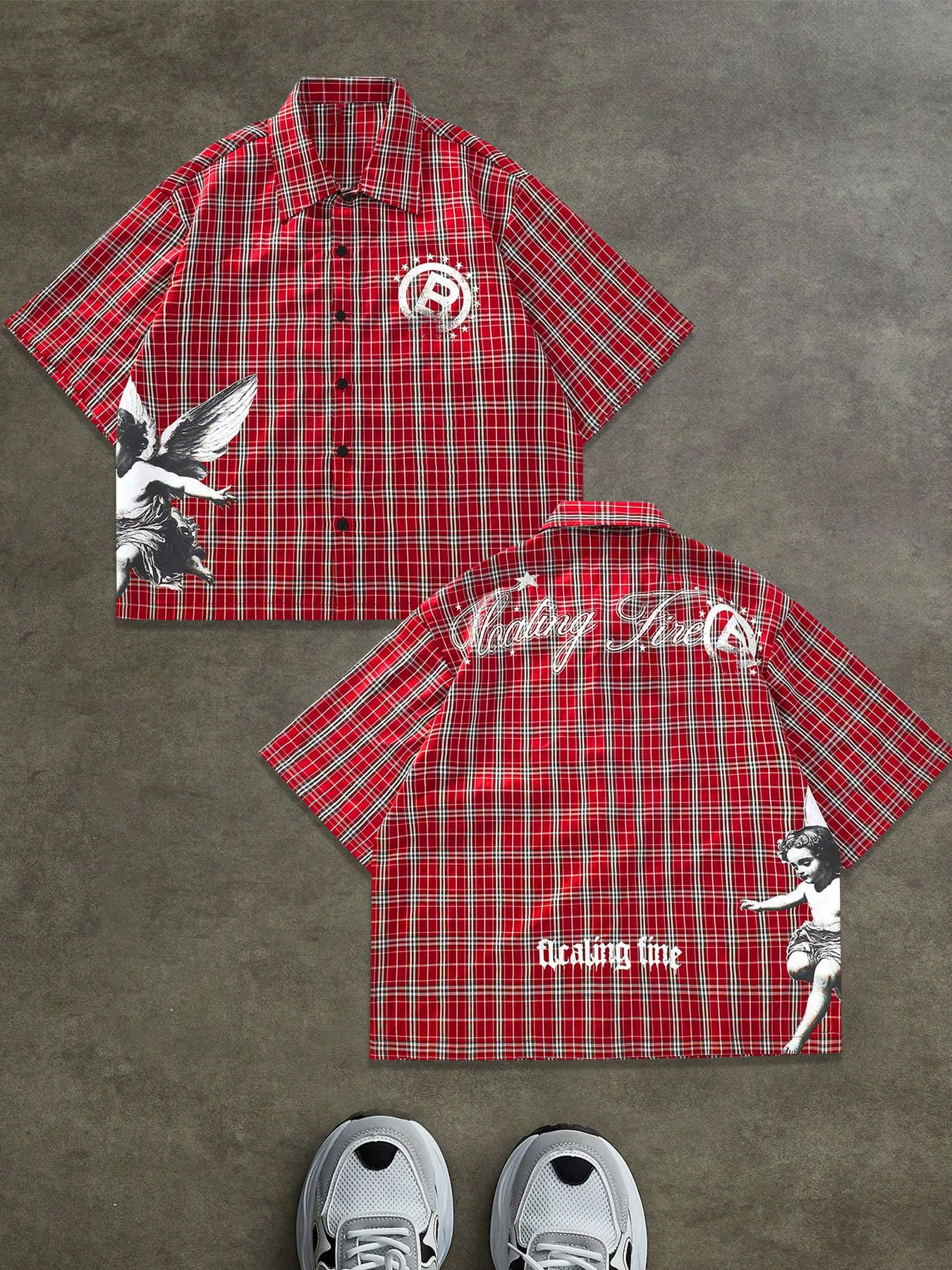 Retro Striped Short Sleeve Shirt with Letter Print, Loose-Fitting Casual Woven Top for All Seasons, Vintage Style Button Shirt, Casual Comfy Shirt