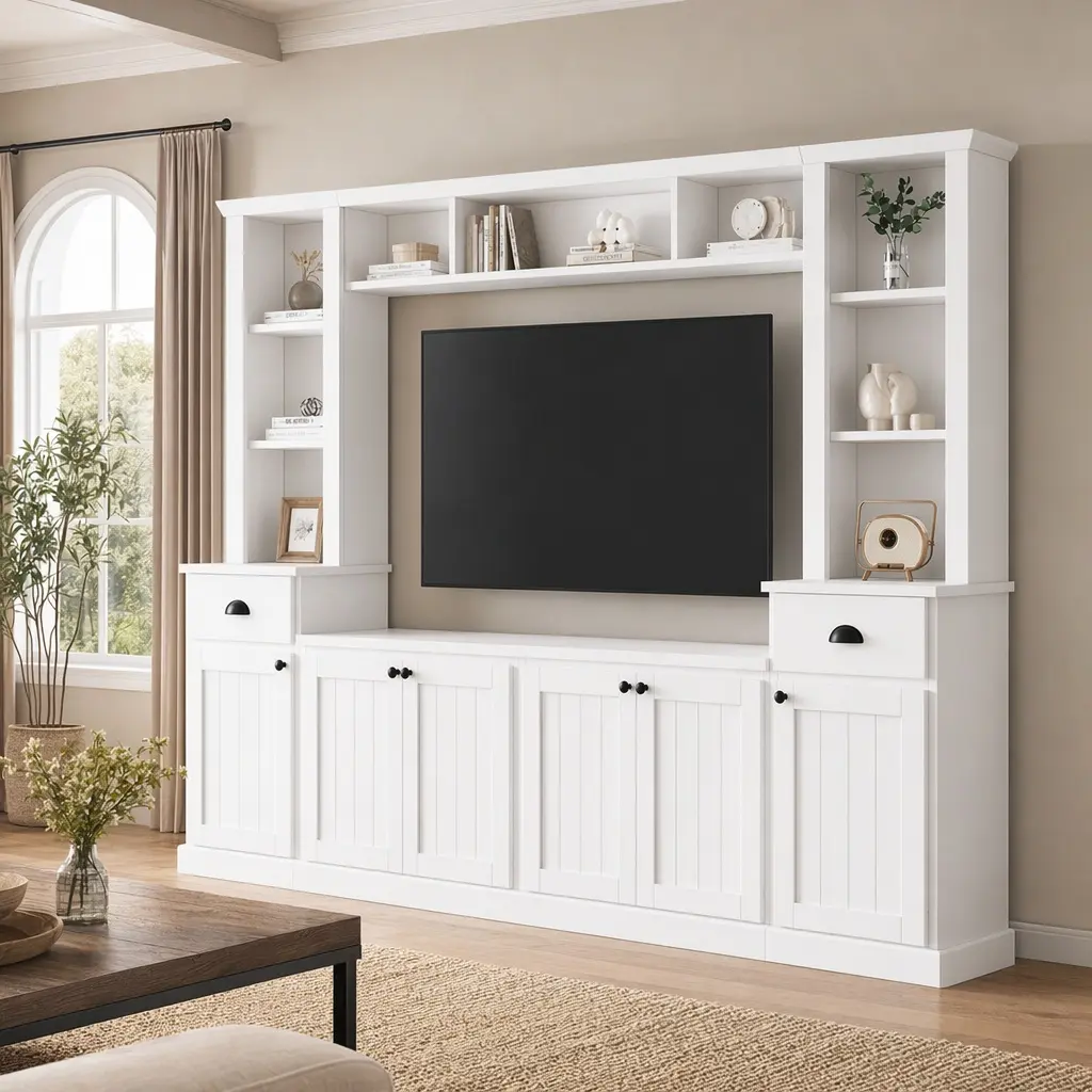 Minimalist ARCH Home Entertainment Wall Unit Set with Bridge - Drawers, Hidden Outlet, Curved Edge, Large Screen TV Stand & Multimedia Centre, Fits 75'' TVs, Adjustable Shelves, Ample Storage, Multiple Colors, Drawers Tv Stands & Multimedia Centres