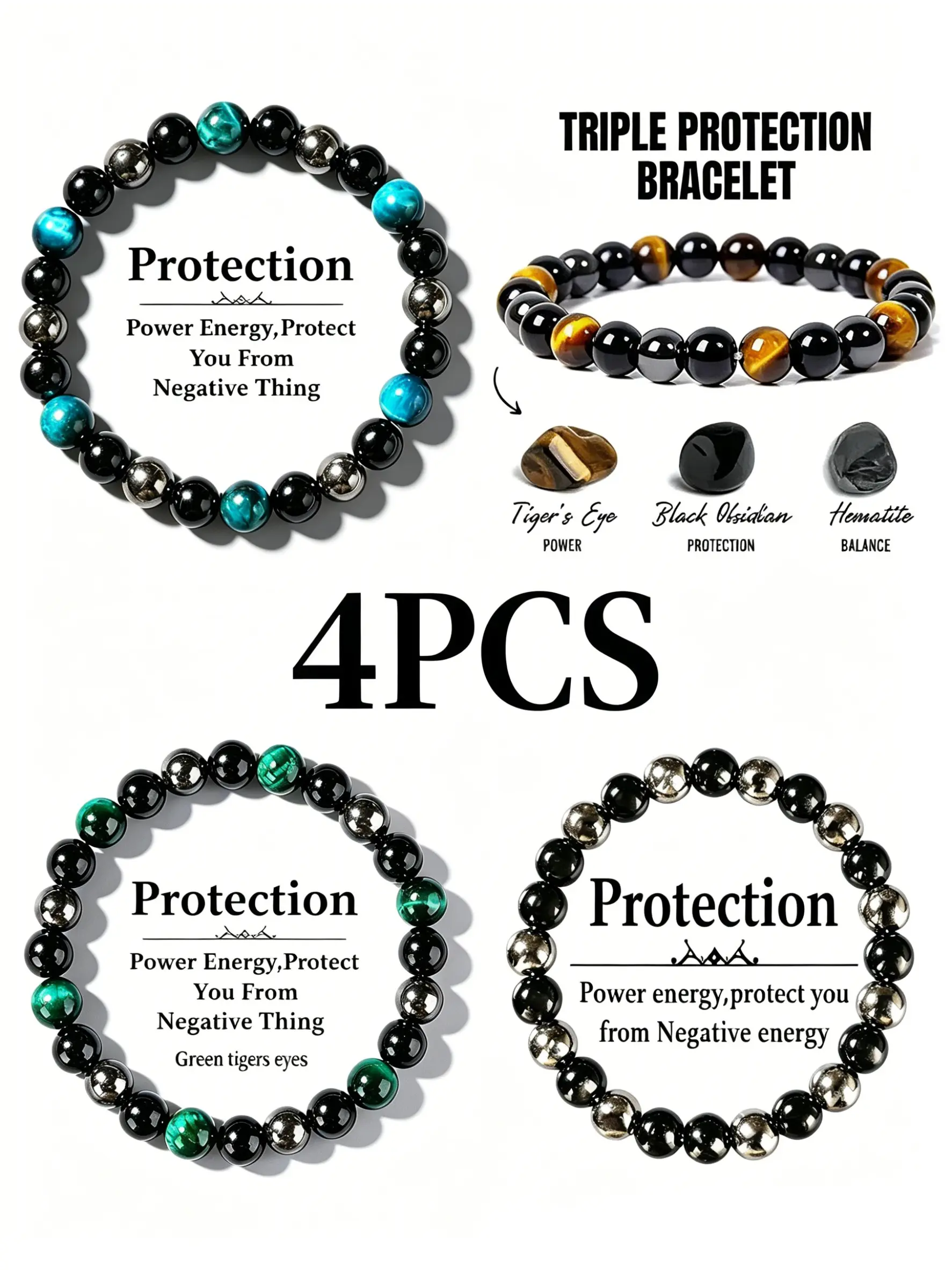 4Pcs Crystal Bracelet Set, Bracelets Stacking, Yellow Green Tiger Eye with Obsidian & Hematite, Unisex healing stone jewelry, repels negative energy, brings calm & positivity, Perfect for yoga, meditation, daily outfits for men women