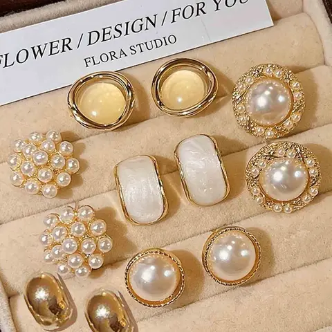 Elegant French Vintage Faux-Pearl Geometric Earrings Set, Earring Stacking Set, Simple-Style Women's Versatile Earrings for Daily Commute, 6 Pairs