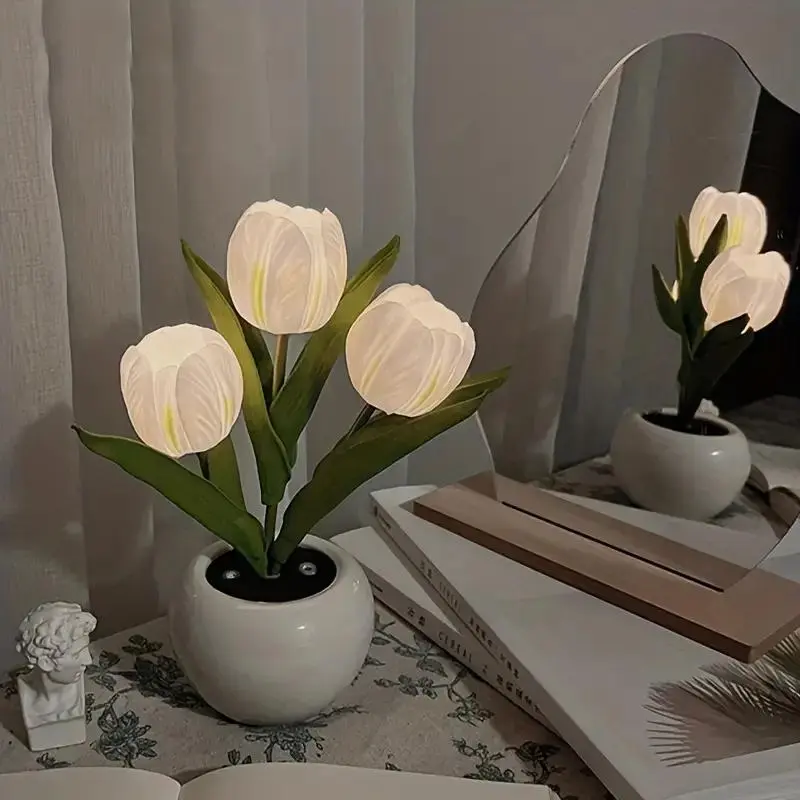 Tulip Bedroom Night Light LED Simulation, USB Powered, Vase Table Lamp Decor for Home Living Room Desktop Decoration Christmas Halloween Holiday Gift
