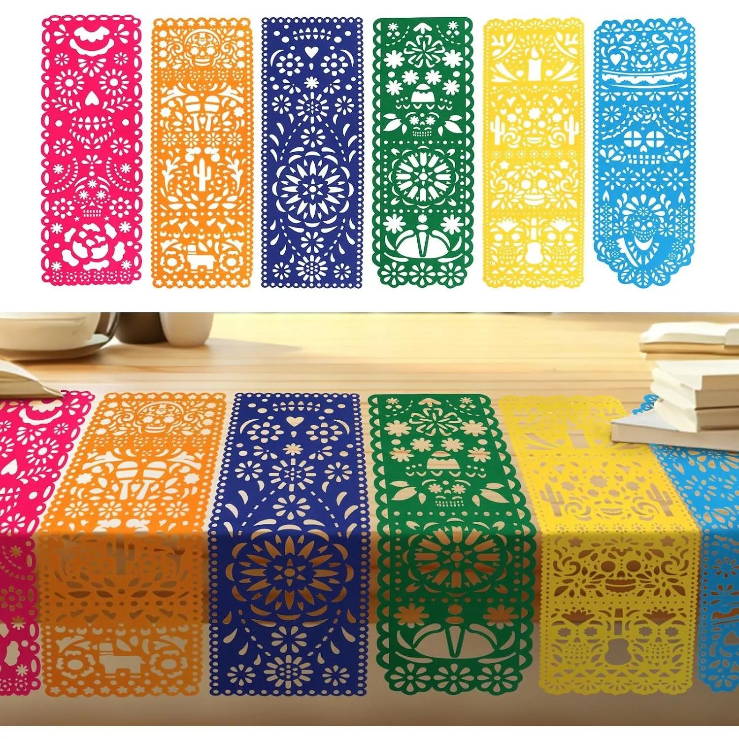 6 count Mexican Table Runners 31.5 x 11.8 Inch Day of The  Papel Picado Table Runner for Mexican Party Theme, Cinco de Mayo, Dia De Los Muertos,Mexico Wedding