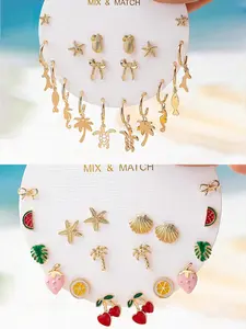 18 Pcs Minimalist Casual Huggie Hoops Earrings Set Earring Stacks with Turtle Seahorse Fish Coral Charms - Tiny Gold Plated Bow & Starfish Stud Earring for Women - Ocean Theme Summer Dainty Vacation Boho Beach Jewelry Bohemian Earrings