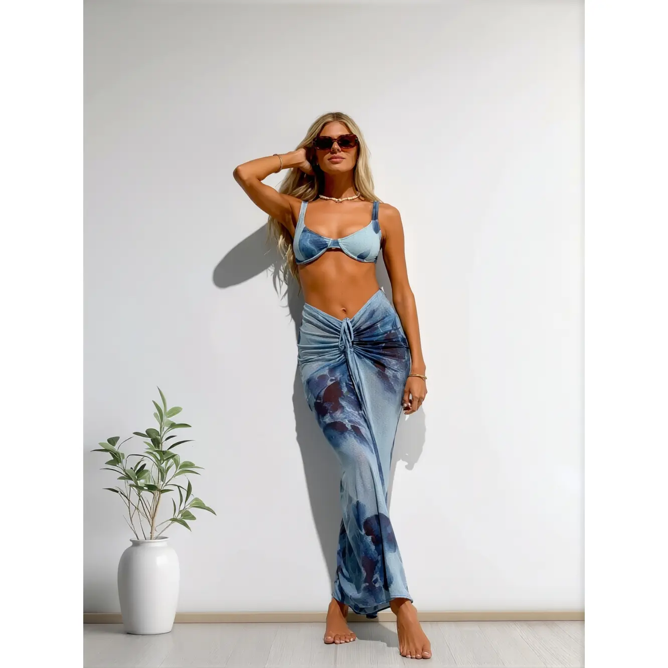 Women's Boho Blue Floral 3-Pieces Bikini Set with Adjustable Straps, Mesh Wrap Skirt Cover-Up for Beach Outings, Pool/Swimming