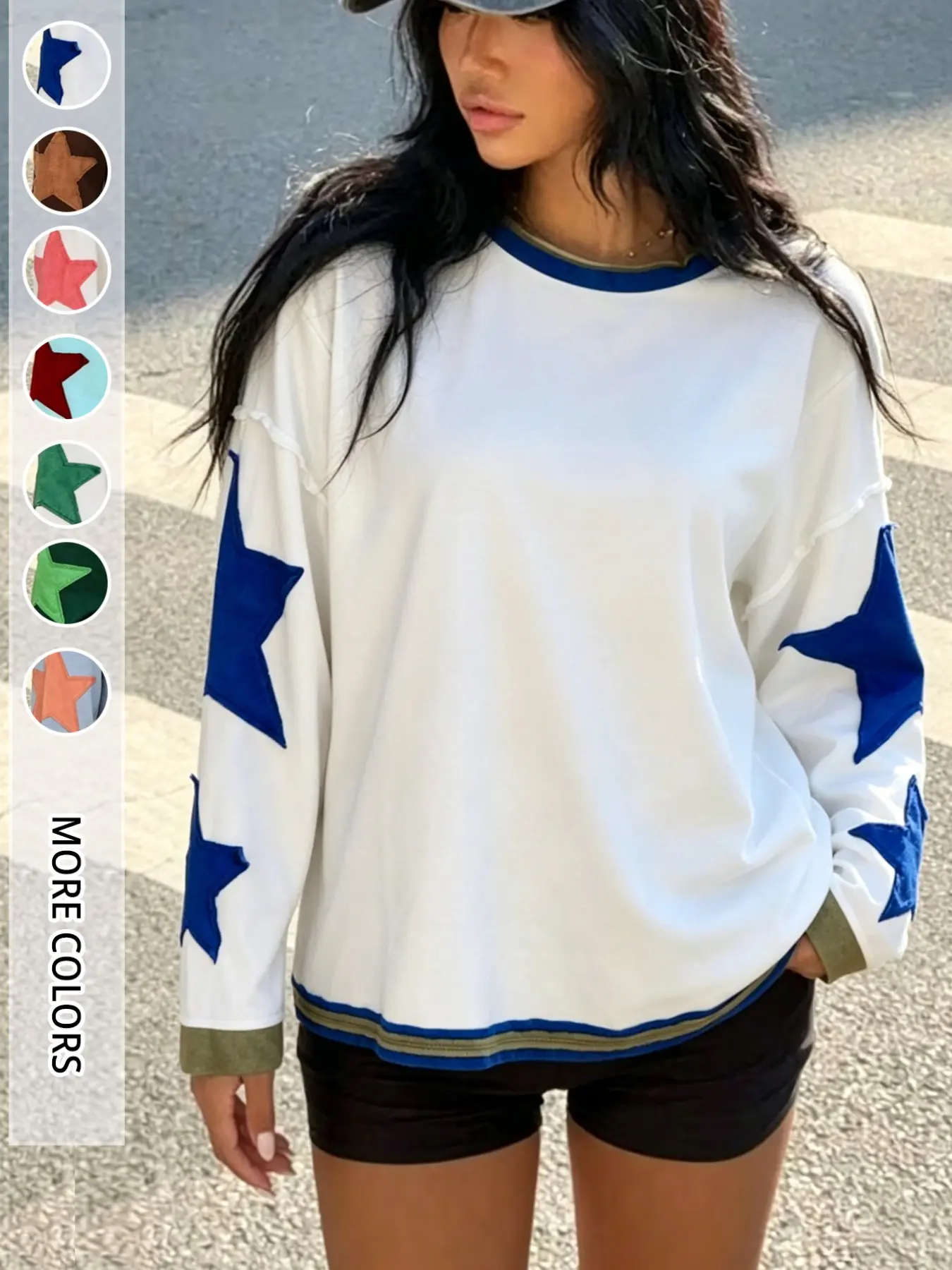 Round Neck Drop Shoulder Design Old Star Patchwork Colorblock American Street Loose Fit Casual Sweatshirt, Long Sleeve Medium Length Top