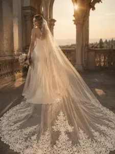 High-end European retro lace extra-long train veil, 3 meters long, suitable for church weddings and bridal photography.