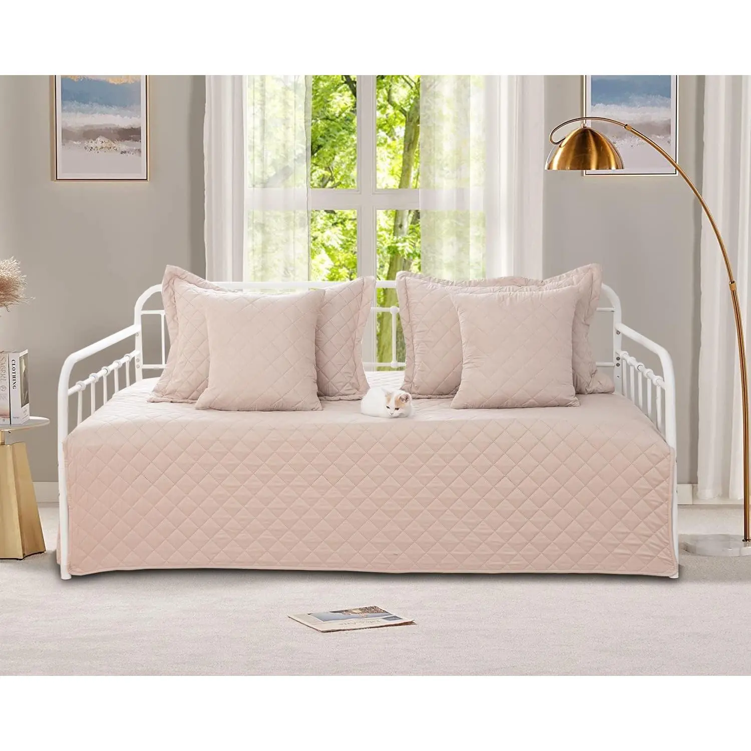 5-Piece Daybed Cover Set Beige Twin Cozy Daybed Bedding Sets for All Season Lightweight Daybed Comforter Bedspread, Geometric Print Day Bed Cover with 4 Pillow Shams, 39"x75"