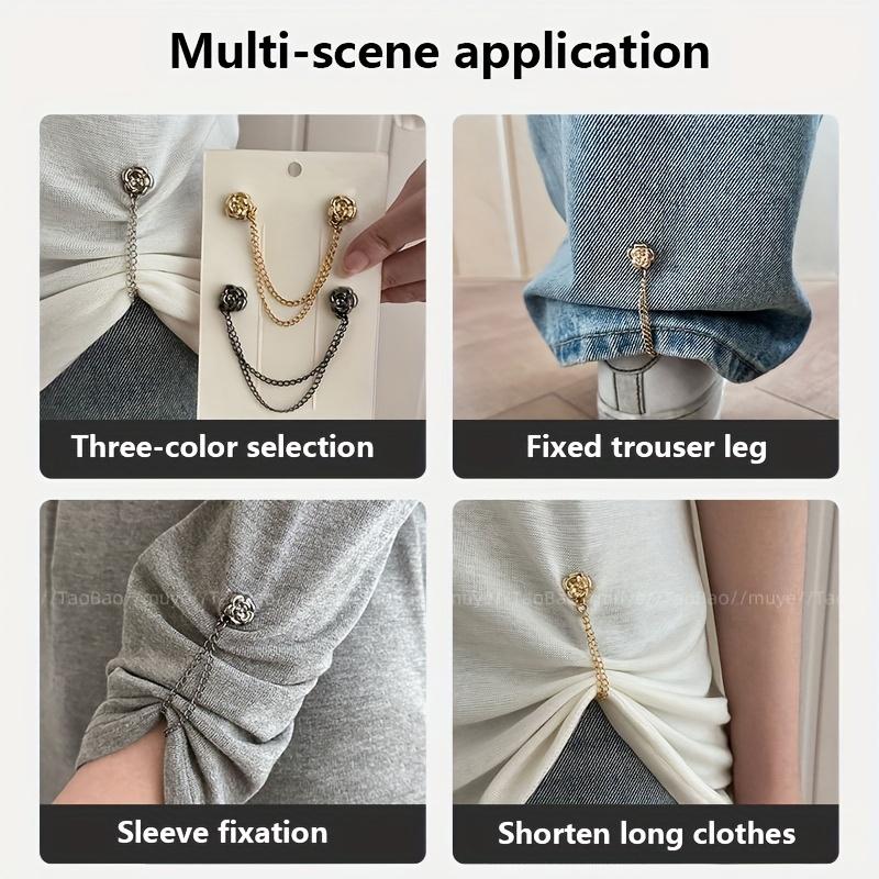 6Pcs Camellia T-Shirt Button Clips, Adjustable Clothing Hem Fixing & Cuff Adjusters, Elegant Decorative Metal Fasteners for Shirt Sleeve & Pants Hem Shortening