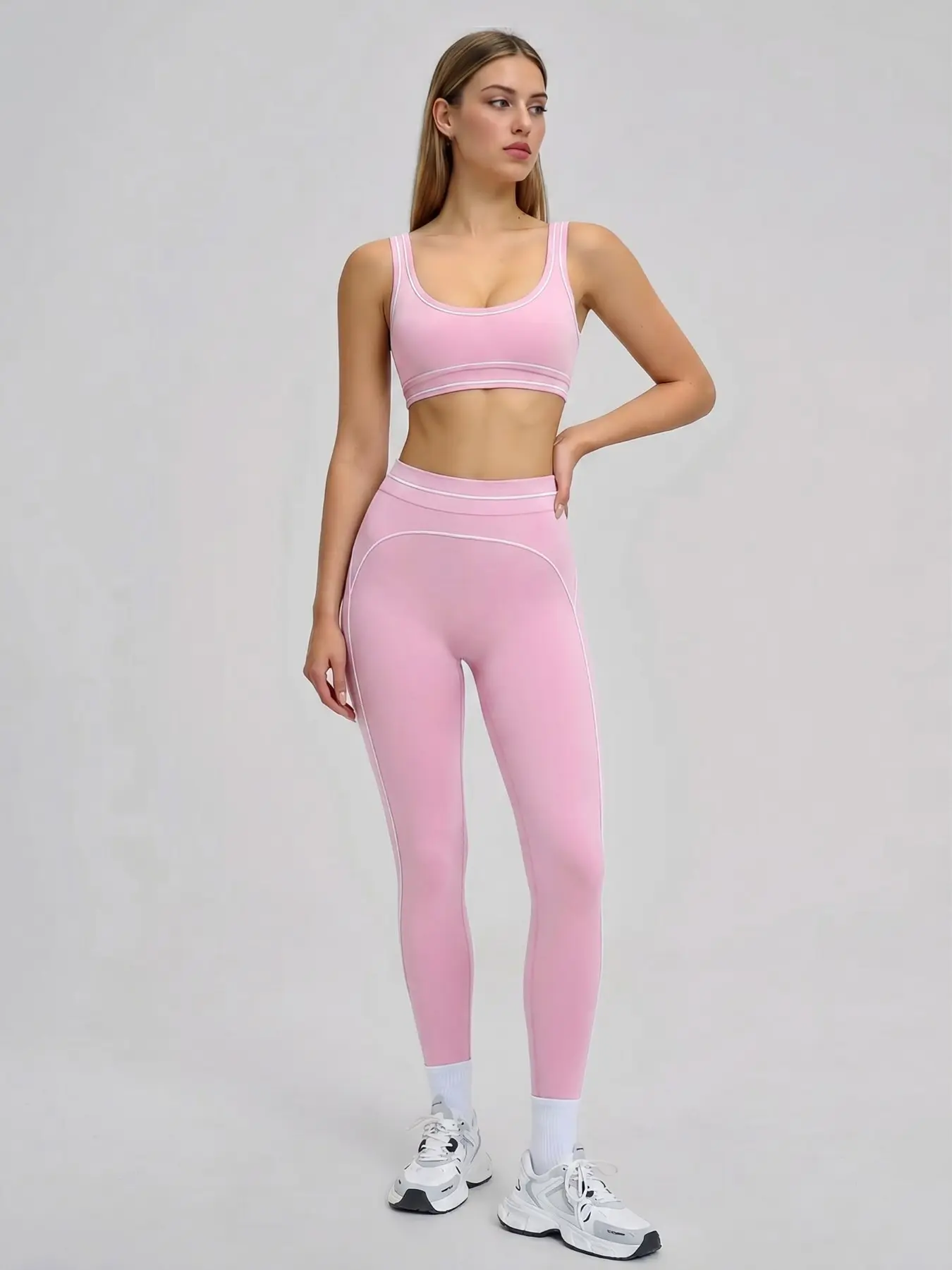 Women U-Neck Contrast Trim Yoga Set Sports Bra & High Waist Leggings 2 Piece Outfit Soft Skin-Friendly Breathable Workout Sets Casual Athleisure Tracksuit in 4 Colors Soft Stretch Activewear, Fitness Sportswear Set, Fitness Clothing