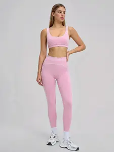 Women U-Neck Contrast Trim Yoga Set Sports Bra & High Waist Leggings 2 Piece Outfit Soft Nude Skin-Friendly Breathable Workout Casual Athleisure Tracksuit in 4 Colors Soft Stretch Activewear #YogaSet #Athleisure #WorkoutOutfit #2PieceSet #LeggingsSet