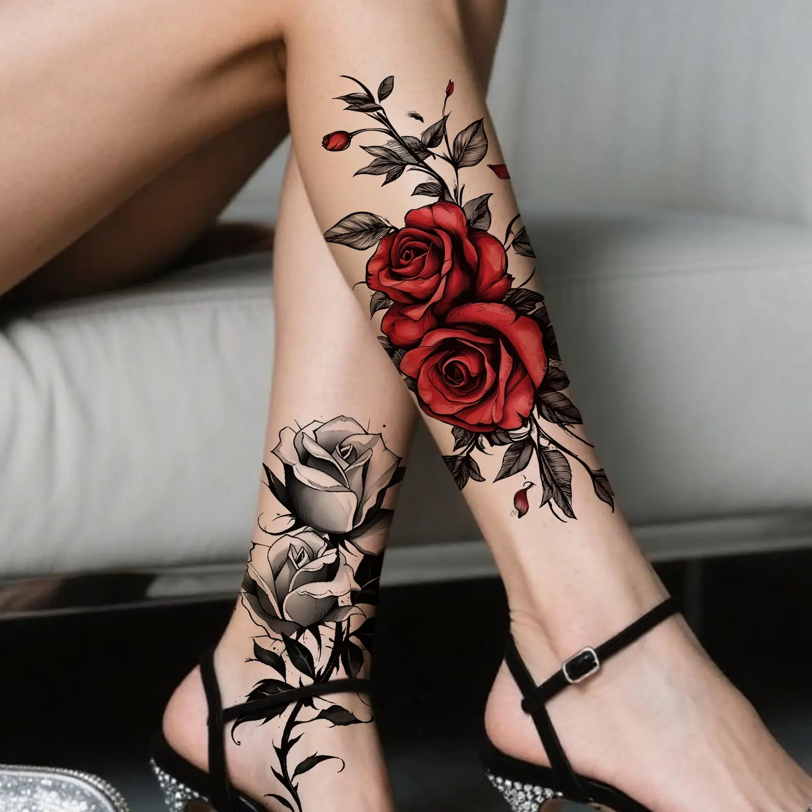 2pcs Temporary Colored Rose Tattoo Stickers, Large Flower Body Art Waterproof Tattoo Arms, Chest, Legs and Body, Fashionable Female Body Tattoo Suitable for Shoulders
