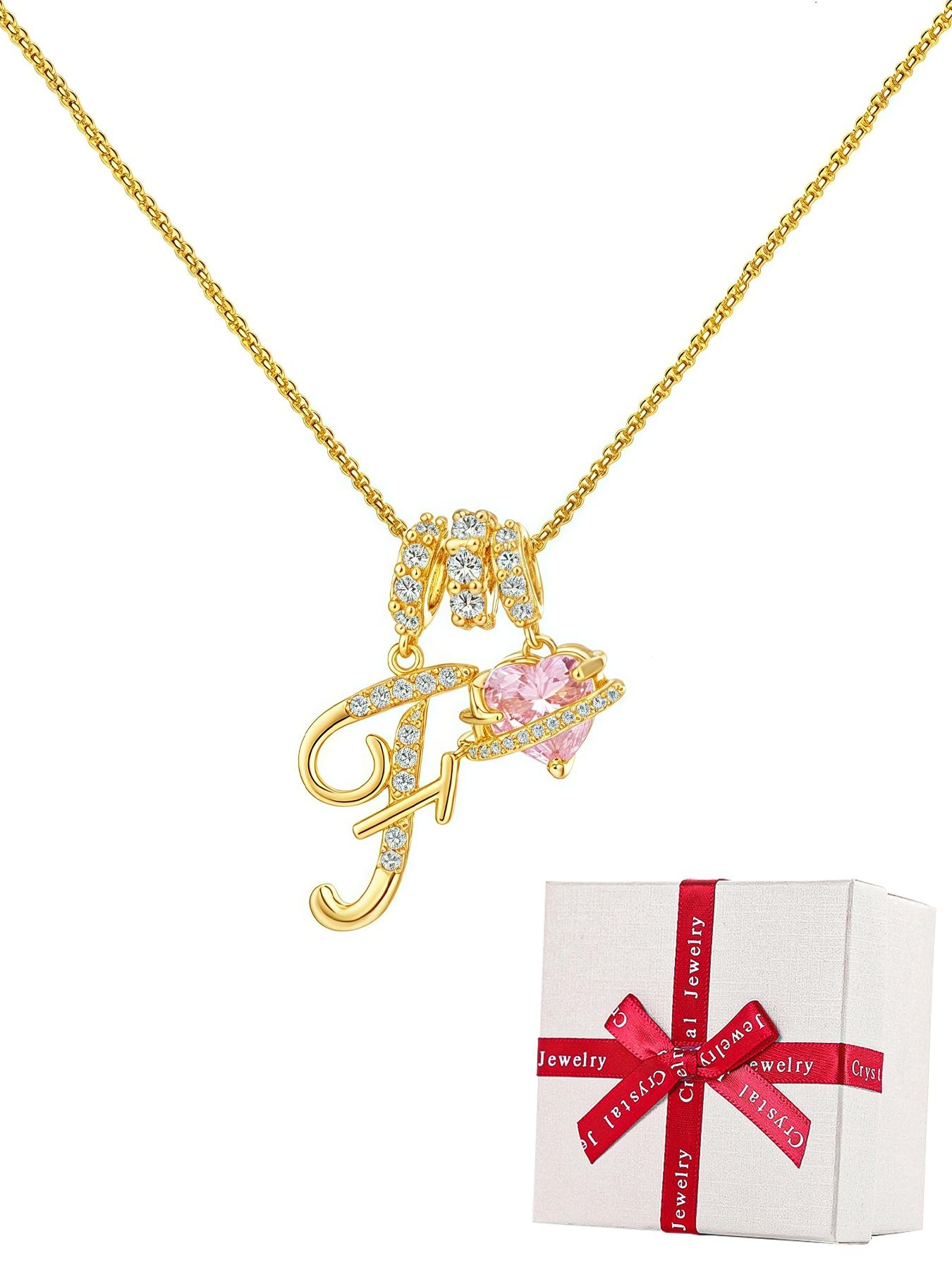 Initial Letter Heart CZ Birthstone Necklace With Rose Jewelry Gift Box, 18K Gold Plated Alphabet Pendant Necklace for Women, Birthday Christmas Jewelry Gift for Women Girl Wife Daughter, Heart Shaped Necklace
