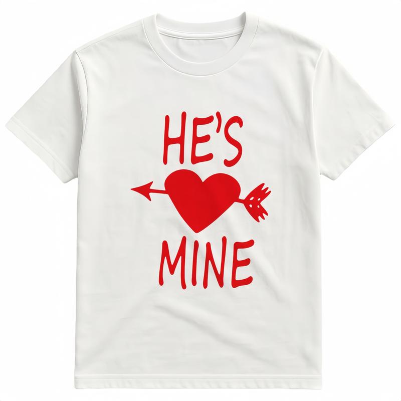 A couple's short-sleeve T-shirts with "She's Mine" and "He's Mine" printed on them.Soft and comfortable crew neck casual T-shirts, perfect for spring and summer| Fashionable Casual Style| Smooth fabric couple T-shirt Valentine's Day gift (1 piece)