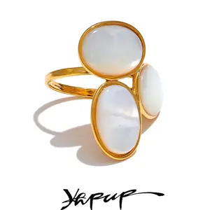 Yhpup Luxury High-Grade Natural Shell Flower Golden Adjustable Ring Fashion 316 Stainless Steel Cast Technology Charm Jewelry
