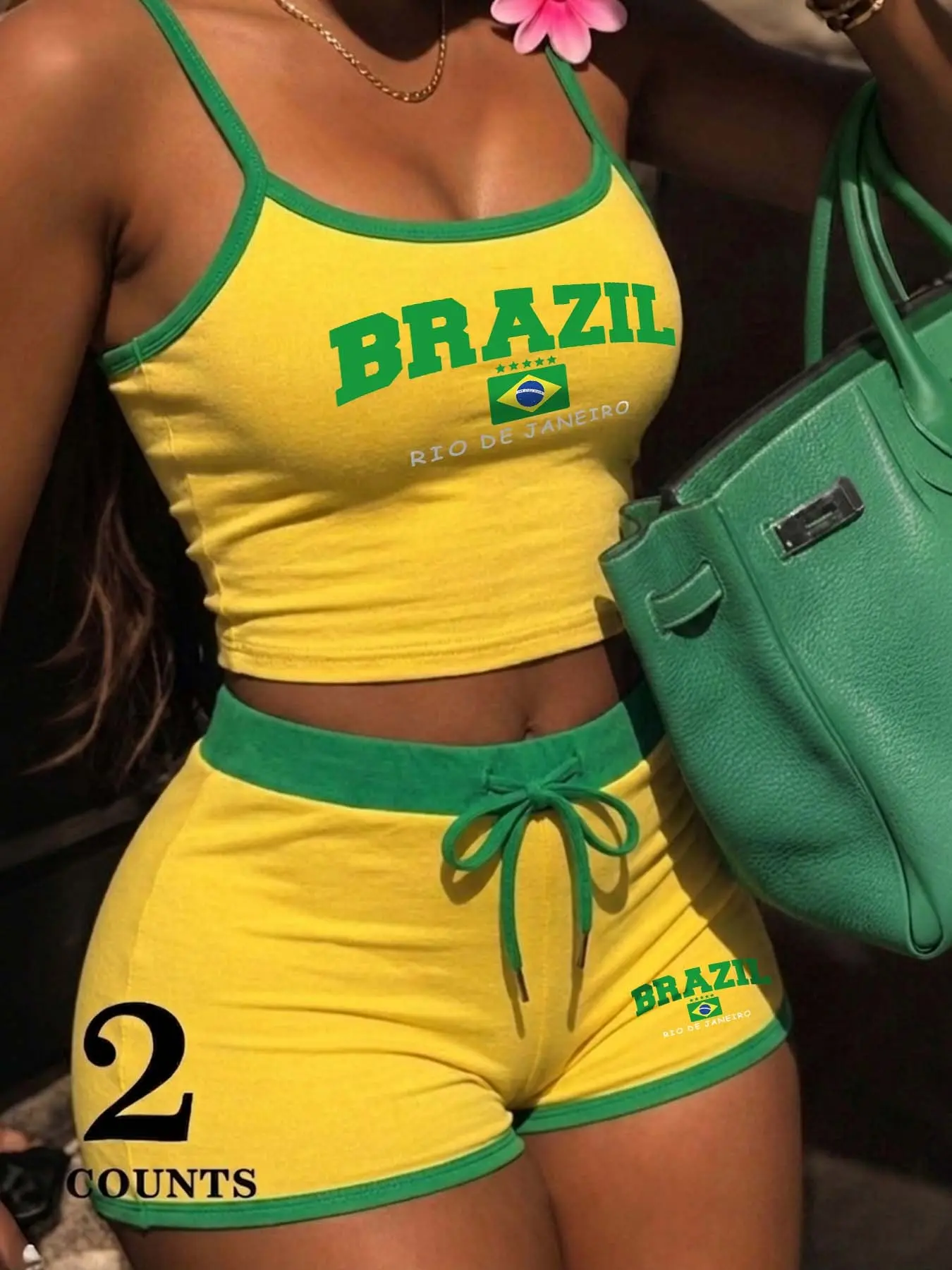 Women's Y2K Two-Piece Set, Brazilian Print Crop Top & High-Waist Shorts, Adjustable Straps, Casual Street Style, Summer