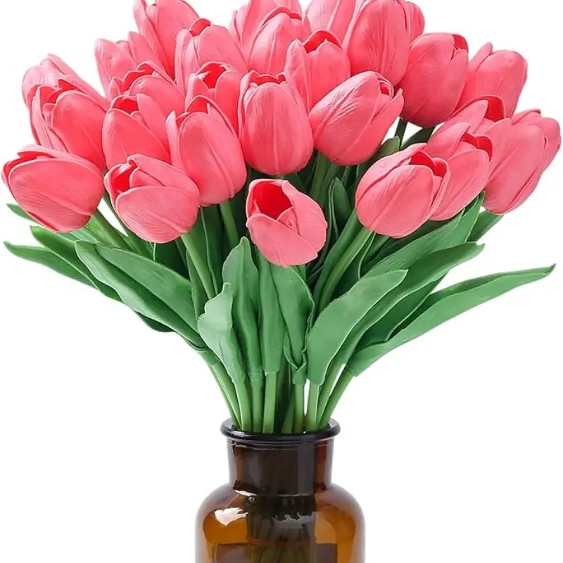 6pcs Deep Artificial Tulips, 13.2 Inch Bendable Metal Stem Fake Tulips, Home Wedding Party Decor, Table Vase Decoration