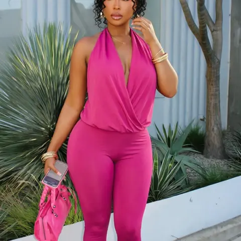 Women's Summer Autumn New V-Neck Sleeveless Floral Bud Solid Color Tight Seven-Eighths Romper, Bodycon Jumpsuit, Trendy and Comfortable Design