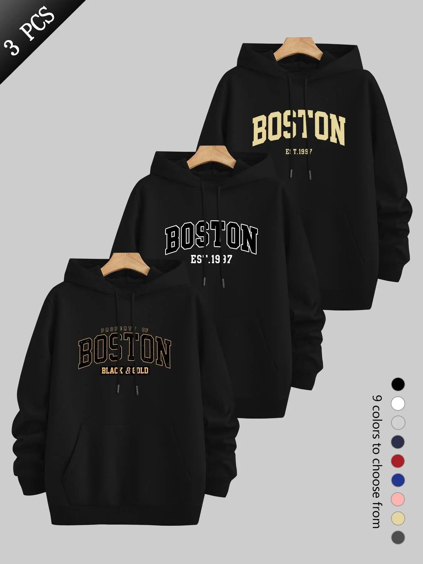Men's Casual Hooded Sweatshirt, Boston Theme Print, Slim-Fitting Long Sleeve, Drawstring Pockets, Fall & Winter Streetwear, Casual Streetwear Hoodie, 3-Piece Set