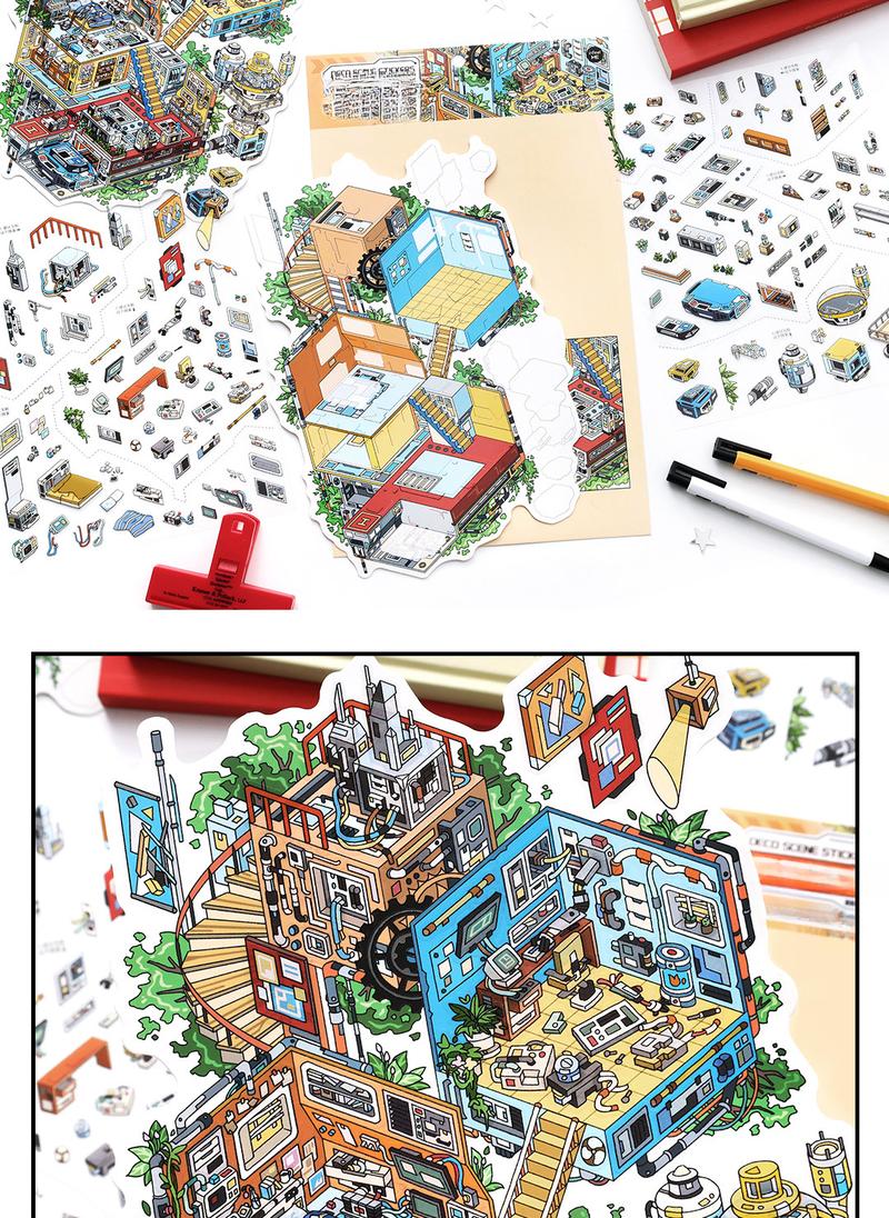 12 oversized scene stickers, fun scene themes, vintage style, PET white card dual materials, self adhesive, DIY journal decoration scrapbook notebook material sticker pack