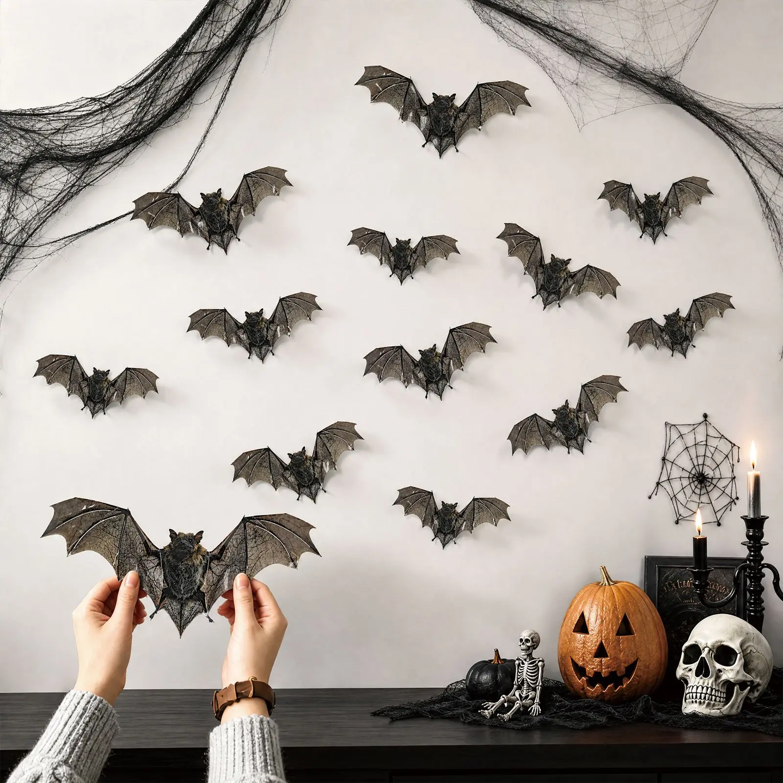 12Pcs 3D Retro Realistic Bat Wall Stickers, Halloween Horror Themed Bat Decals for Home Wall & Window Festival Decor