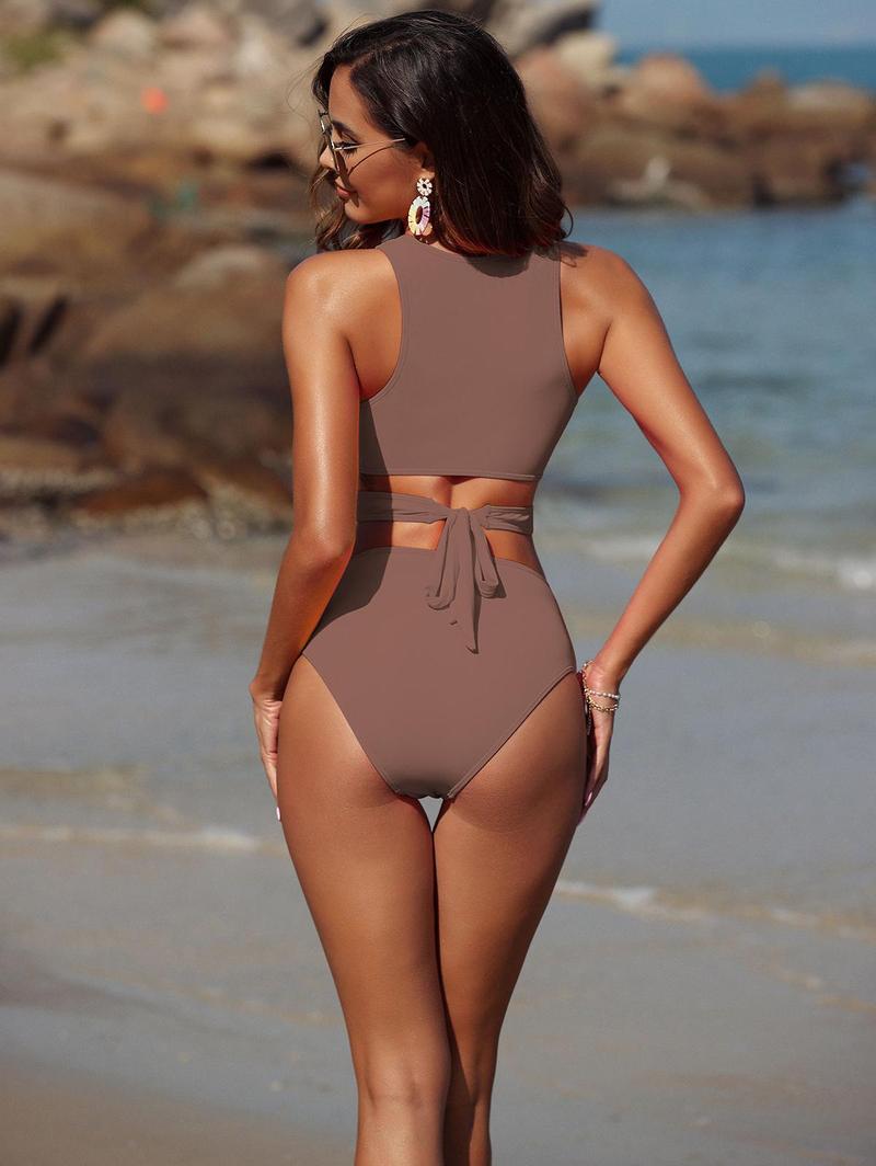 Women's Swimsuit High Waisted Bikini Sets Two Piece Swimsuit Scoop Neck Tank Side Cutout Midkini Stitching, Swimsuit Summer