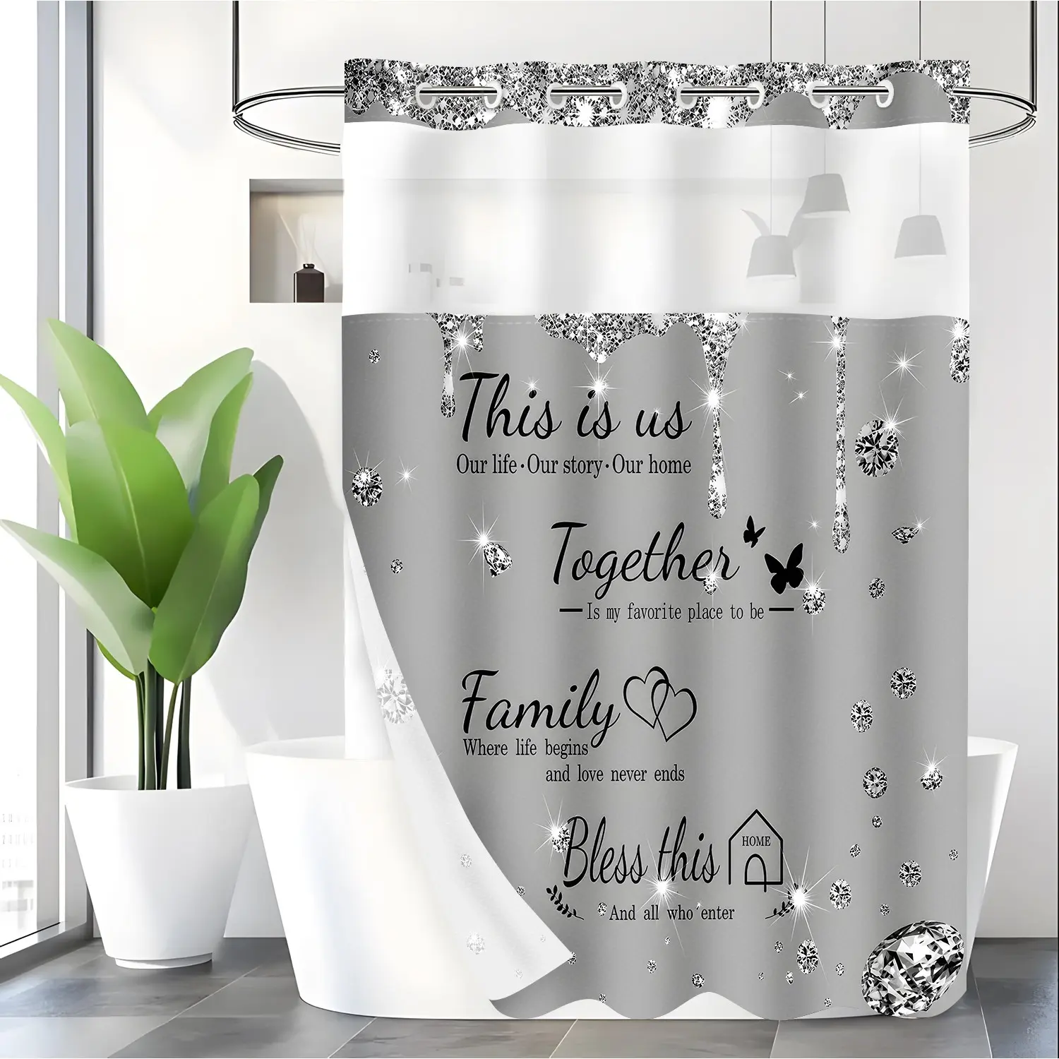 LVRLVR 1pc Glam Silver Glitter Family Quote Decorative Printed Shower Curtain, Grey Diamond Butterfly This Is Us Print, Sheer Top Window, Detachable Liner & No Hook C-Ring, 70.8" x 74"
