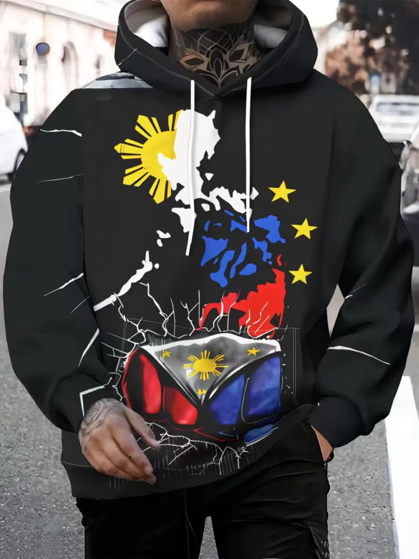 Fashion Hooded Sweatshirt, Casual Sports Pullover with Philippines Flag Design, Elastic Blend, Spring Fall Wear