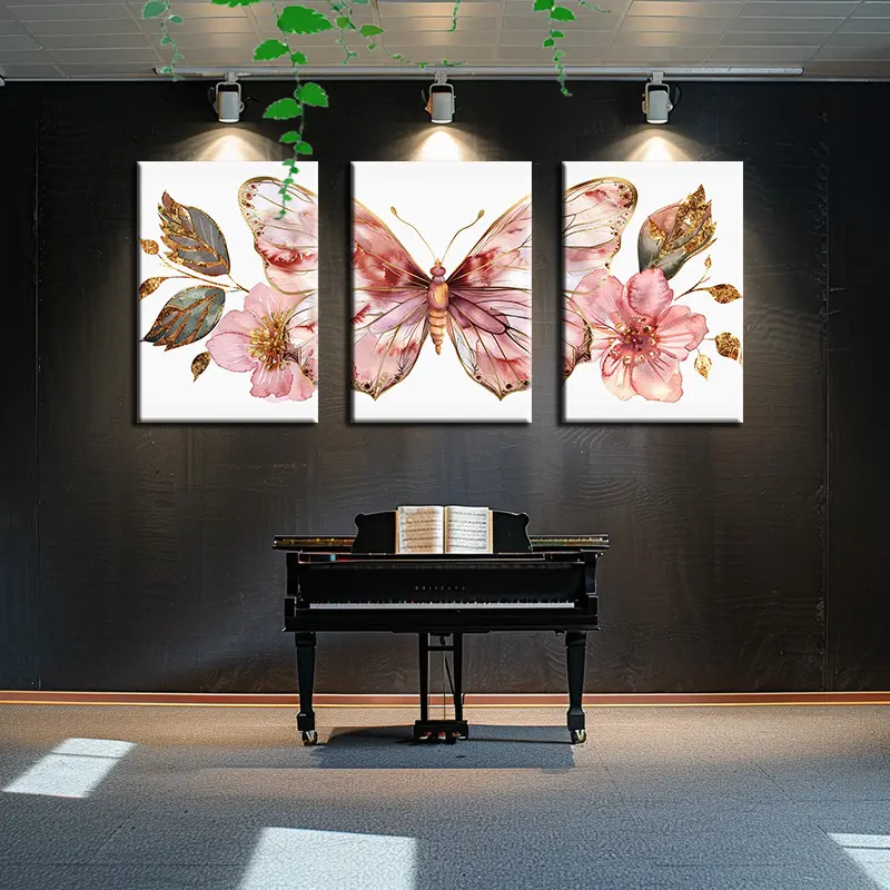 3-Piece Decorative Wood Framed Butterfly Motif Canvas Painting Set - Pink Flower Design, Ready To Hang - For Living Room, Bedroom - Perfect Christmas Gift For Her - Home Wall Decor, fall decor 2026 wall decor