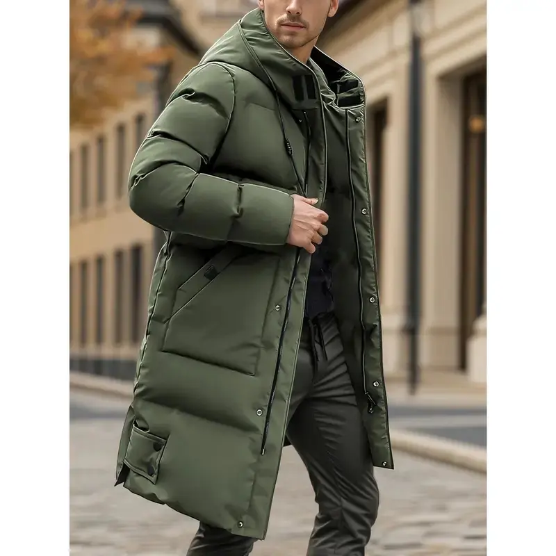 Men's Long Hooded Puffer Parka Coat Sleek Urban Quilted Padded Outerwear with Decorative Zip Details, Adjustable Drawstring Hood, Multi Snap Pockets for Cold City Commutes & Freezing Temperature Outfits