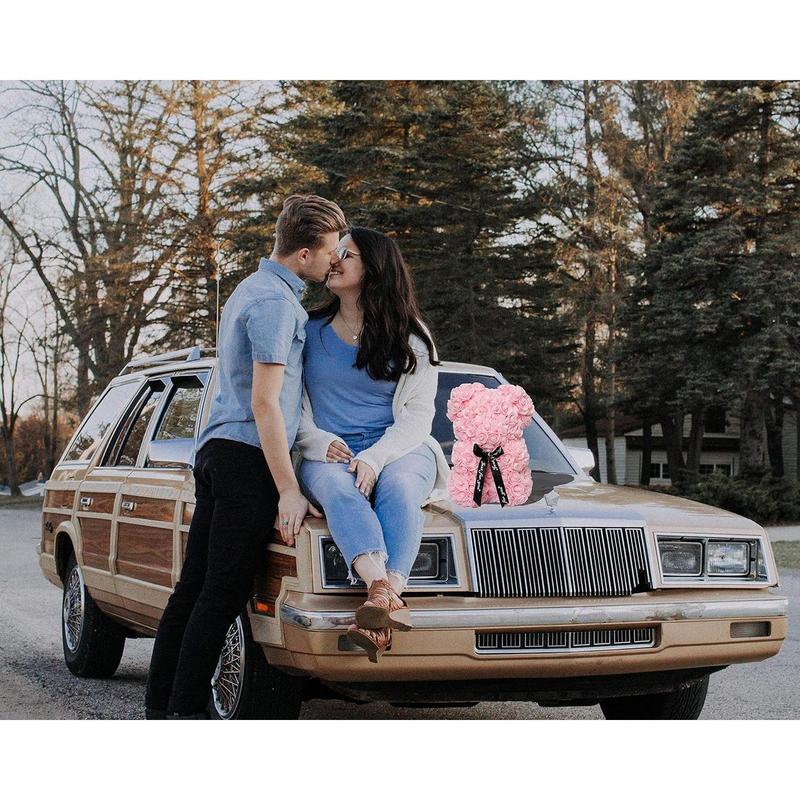 Rose Bear Rose Teddy Bear Flower  Black Box for Valentines Gifts Anniversary Christmas,Birthdays Bridal Showers -Fully Handmade 10 inch Flower Bear Clear  Box (Light Pink)