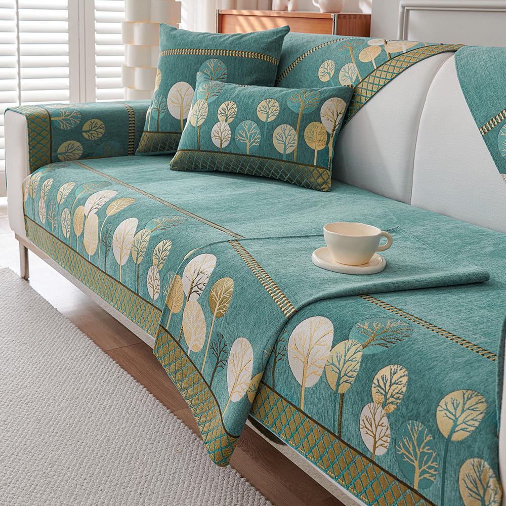 Boho Style Chenille Sofa Cover, Elastic Sofa Slipcover, 1 Count Geometric Embroidery Design, Soft Sofa Protector for Bedroom Office Living Room