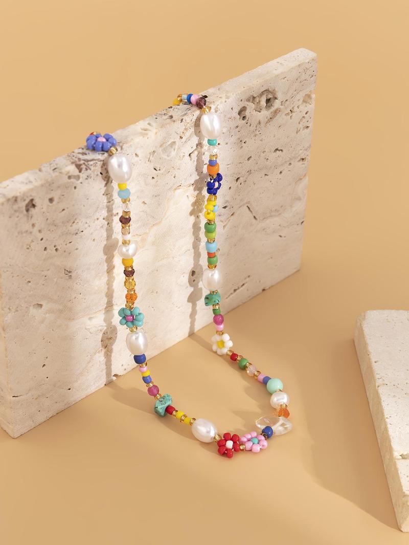 Floral & Faux Pearl Handmade Beaded Necklace