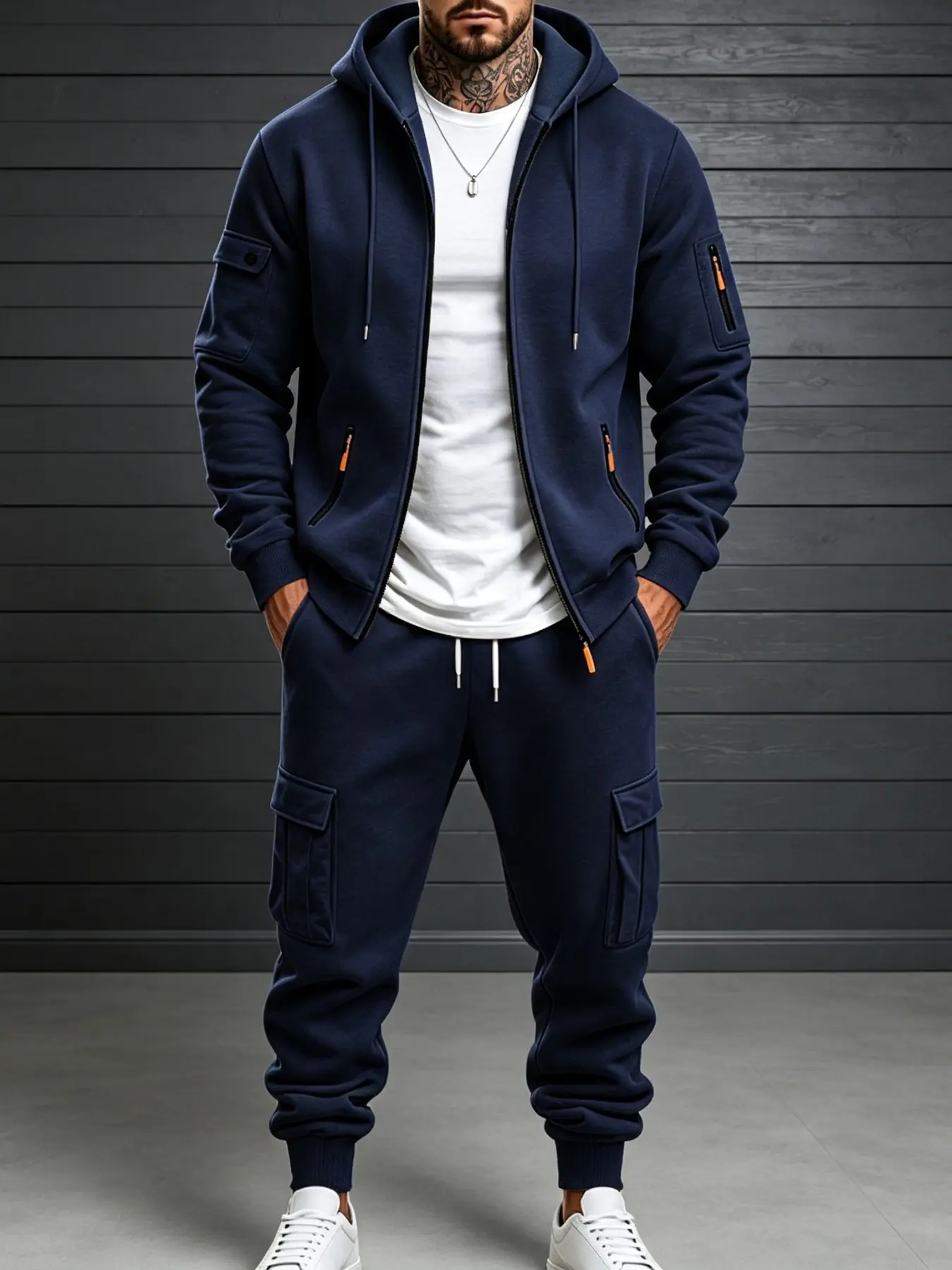Men's American‑Style Fall Winter Heavyweight Fleece‑Lined Cargo 2‑Piece Outfit, Full Zip Hoodie & Multi‑Pocket Cargo Joggers, Drawstring Waist Loose Set for Outdoor Commute Daily Street Wear, Multiple Colors S‑3XL In Stock