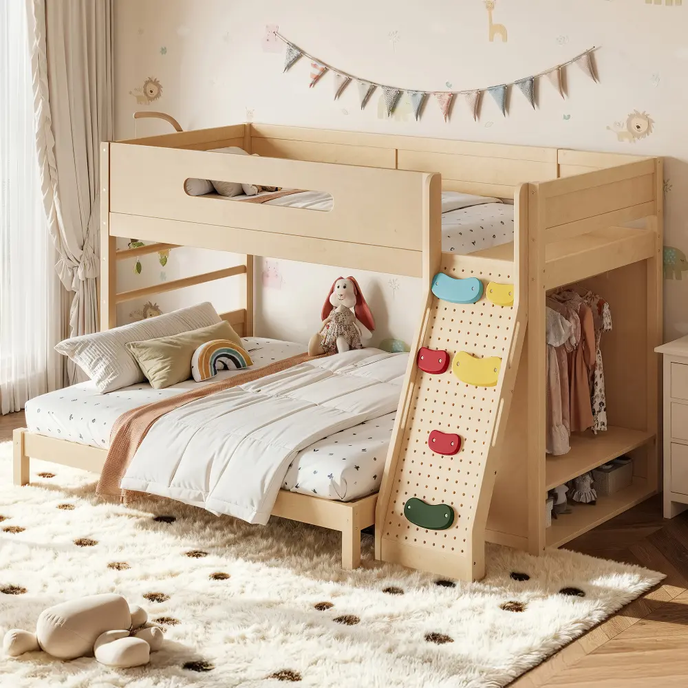 Modern Solid Wood Bunk Bed with Built-in Wardrobe, Storage Spaces, Guardrails, Fun Climb Wall, Upgraded Slats, Easy Setup - Twin/XL Over Full or XL Over Queen, White or Natural Finish, Twin & Full