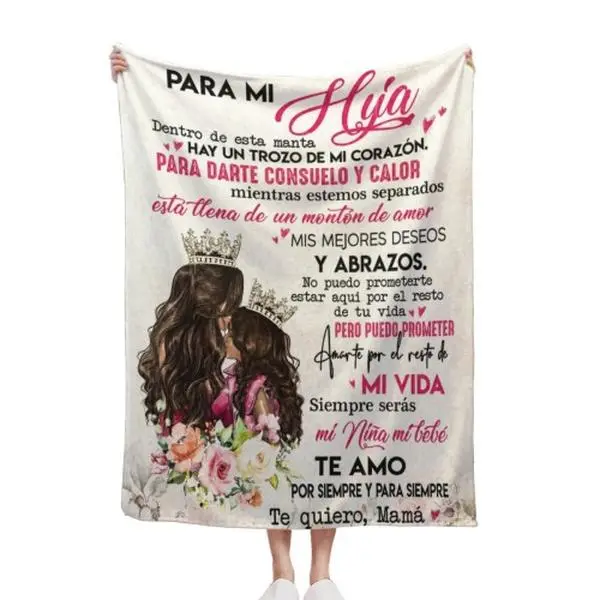 Hand-Knitted Chunky Chenille Flannel Throw Blanket, Para Mi Hija Mom-To-Daughter Watercolour Crown Floral Art, Wrinkle-Resistant, Sentimental Love Letters, Glam Latina Daughter Birthday Christmas Gift (30x40in,40x50in,50x60in,60x80in) US Local Shipping