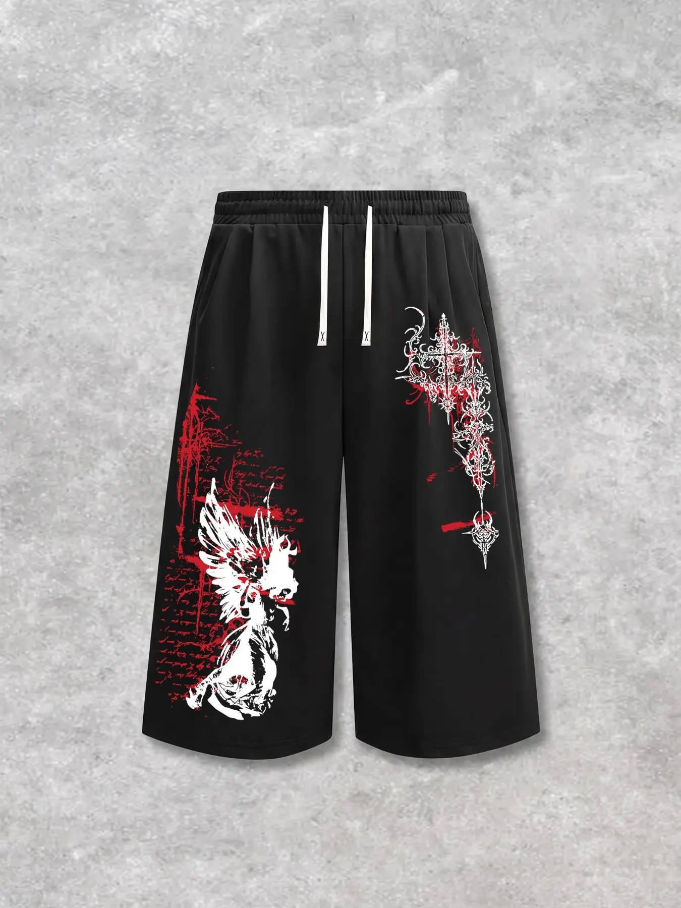 Soft Polyester Men Elastic Drawstring Gaucho Pants, Gothic Cross Angel Blood Splash Print Loose Wide Leg Capri Smartypants, Casual Royal Ascot Outfit Bottoms With Side Pockets For Punk Dark Street Summer Daily Home Workout