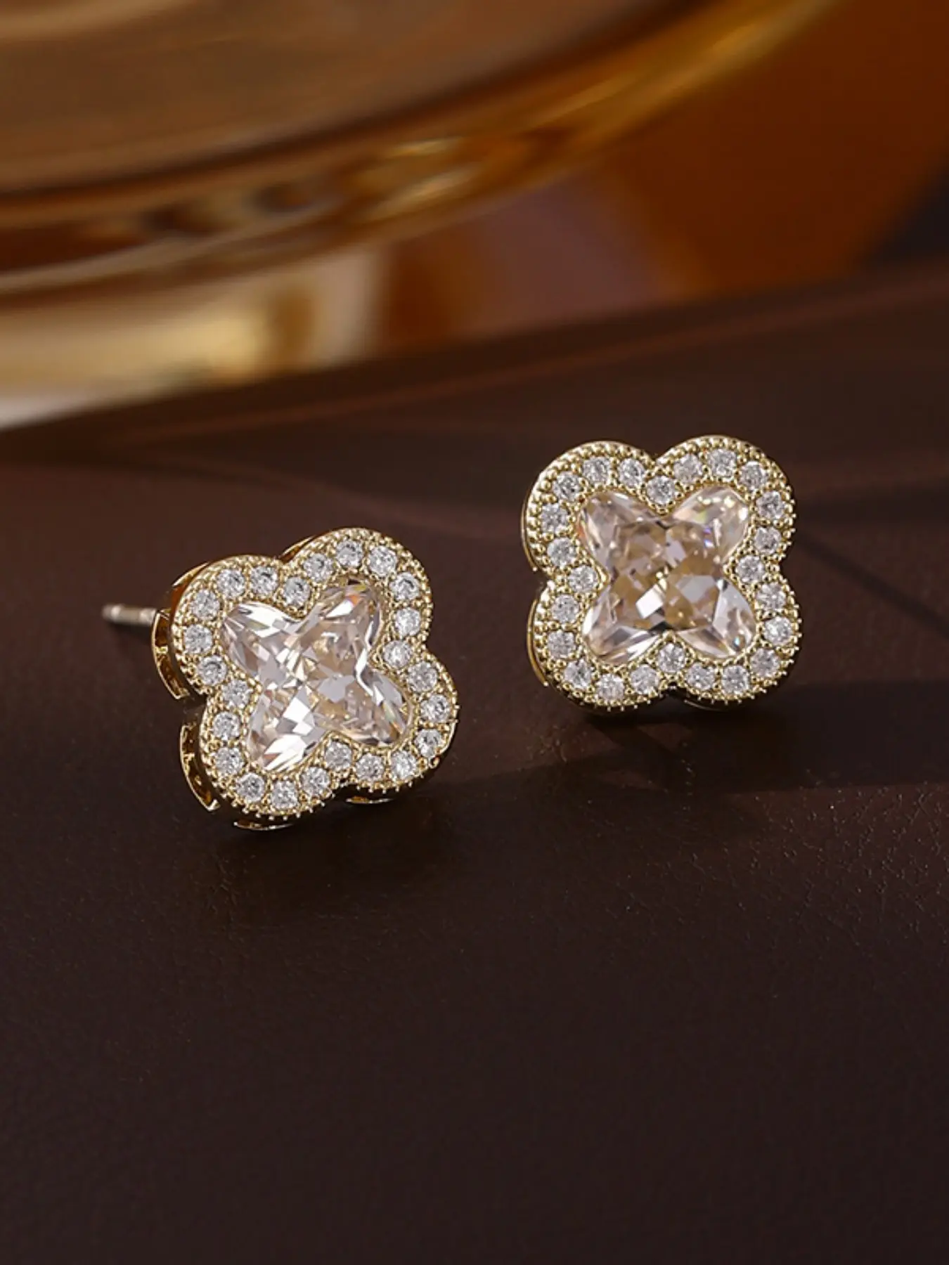 Four-Leaf Clover Starburst Diamond Fashionable Earrings, Luxe Commuter Style, Full Zircon Design, Versatile Daily Wear, Office Fashion Jewelry, Trendy Jewelry