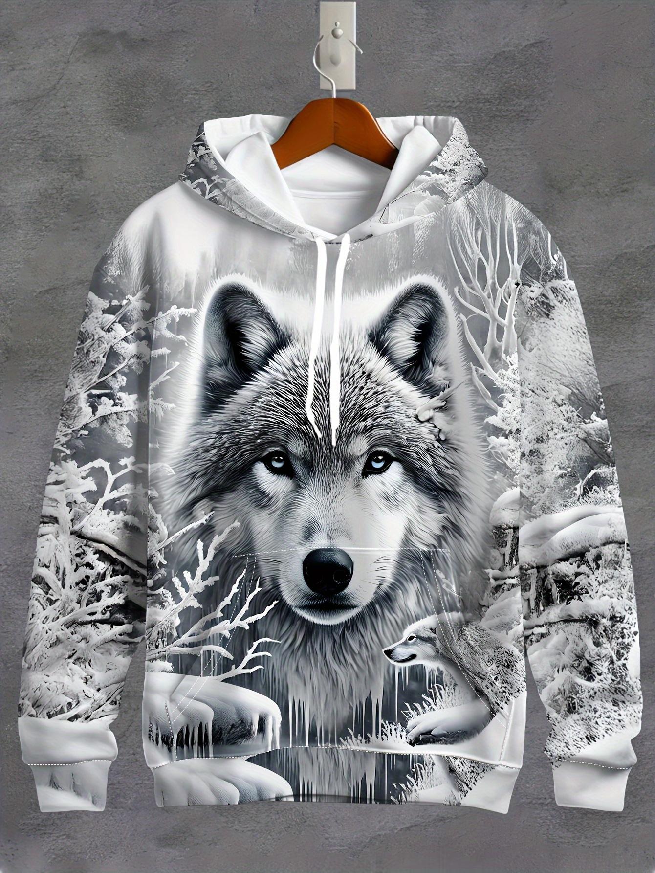 Men's Wolf Print Hoodie - Casual Polyester Knitted Top, Autumn/Winter Regular Edition Animal Pattern Hoodie