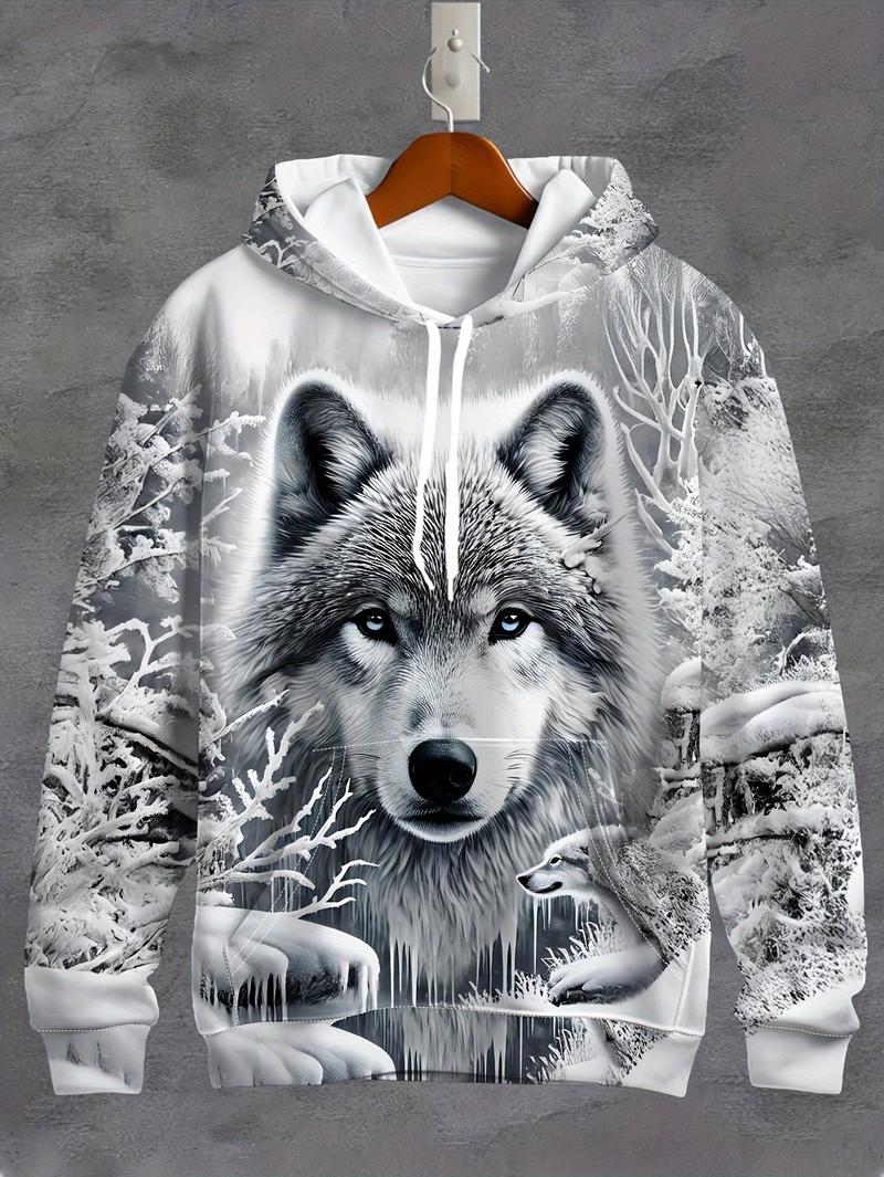 Men's Wolf Printed Hoodie - Casual Polyester Knitted Sweater with Zipper Pocket, Autumn/Winter Regular Edition Animal Pattern Hoodie