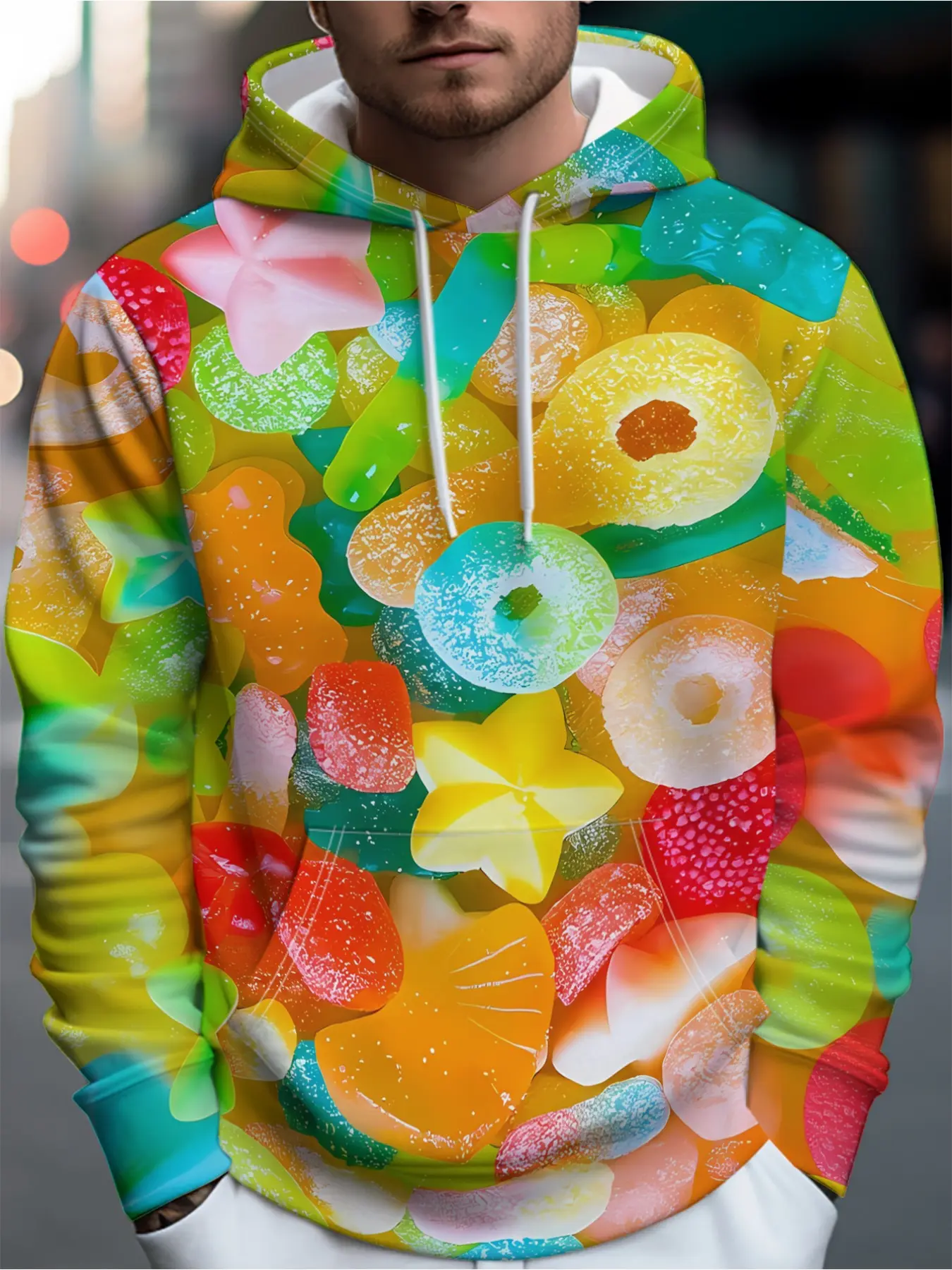 A colorful array of various candies forming a sweet scene. Men's hooded sweatshirt. Fashionable and casual spring/autumn top.