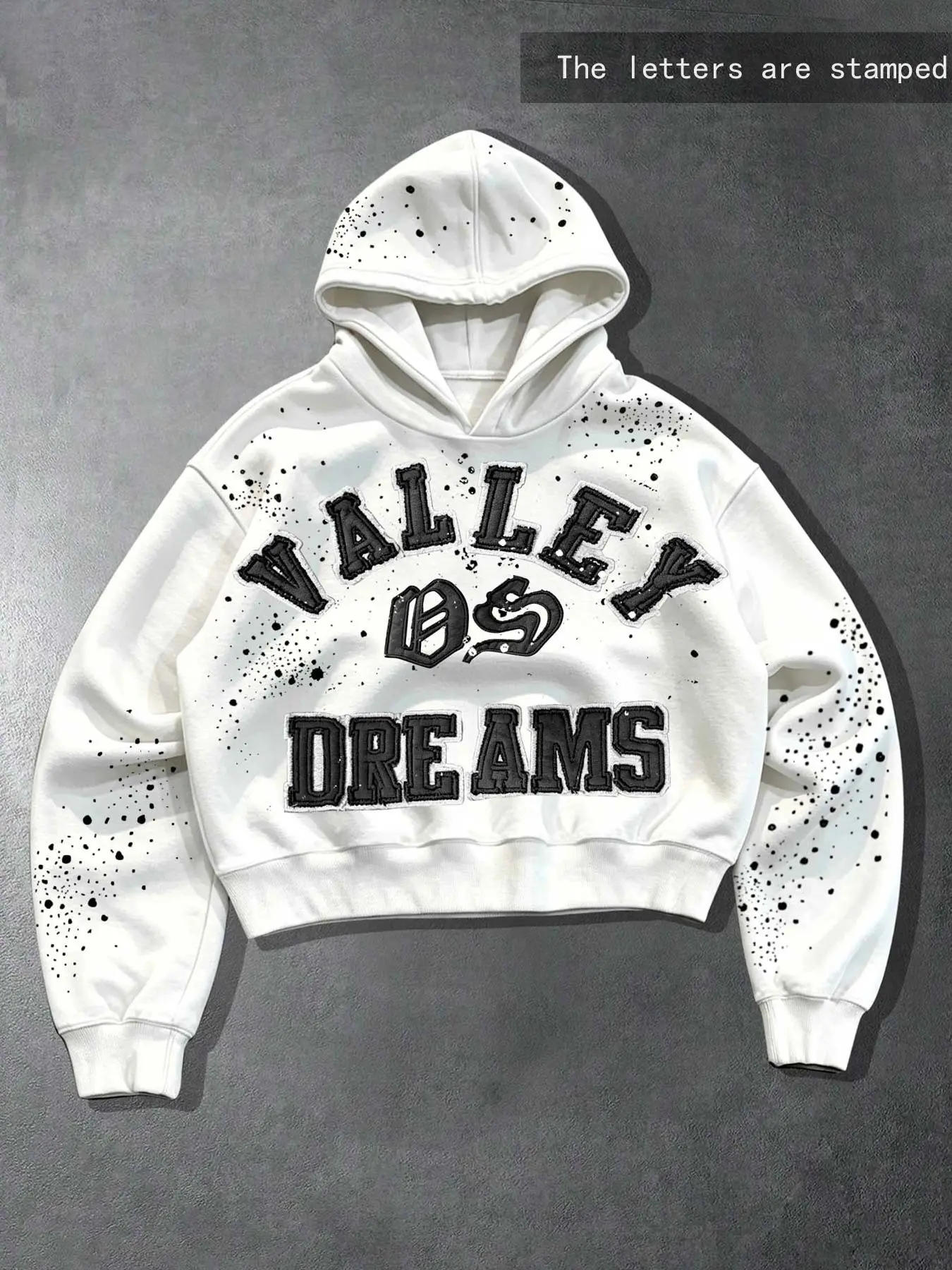 American retro short men's pullover hoodie, VALLEY DREAMS slogan letter print, black splatter paint short men's hooded sweatshirt, street style, loose fit, drop shoulders, unisex casual hoodie.