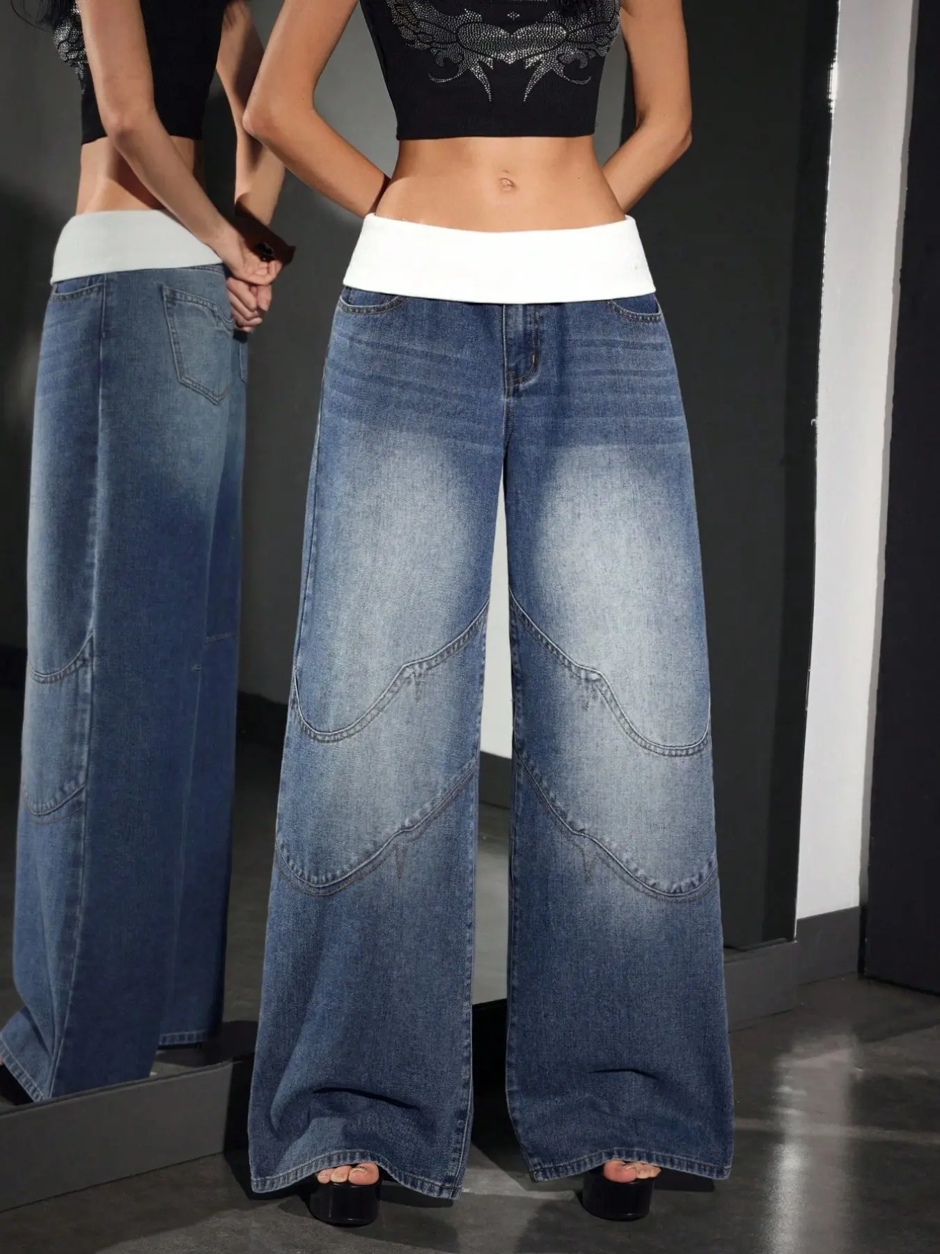 Women's Millennial Style Fold-Over Waist Wide-Leg Denim Jeans with Color Blocking Design, Streetwear Fashion for All Seasons, Loose Fit Trousers for Casual and Trendy Looks, Bottoms