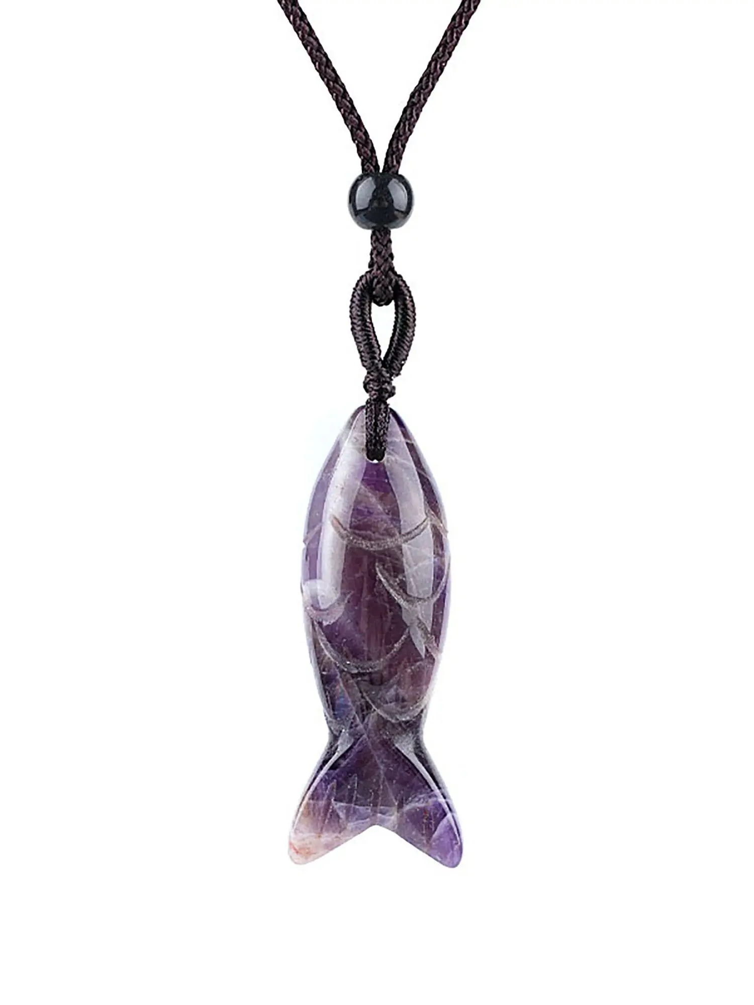Natural Stone Fish Pendant Necklace, Amethyst Tiger Eye Crystal Jewelry, Boho Style Alloy Chain, Unisex Accessory for All Seasons