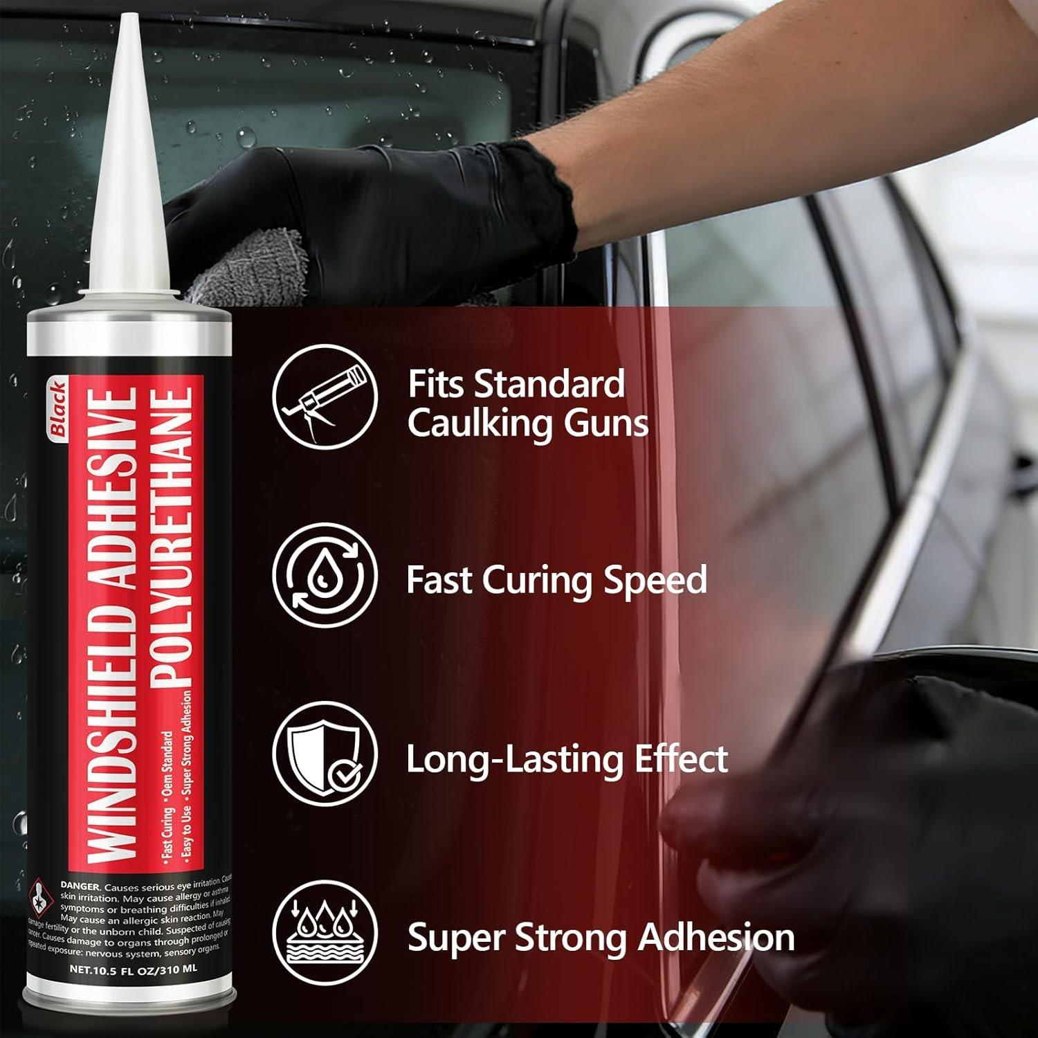 [6 Pack] Polyurethane Windshield Adhesive, Windshield Sealant Black - High Bond Strength, Quick Curing & Weather Resistant Automotive Glass Glue for Vertical & Overhead Application, 310ml