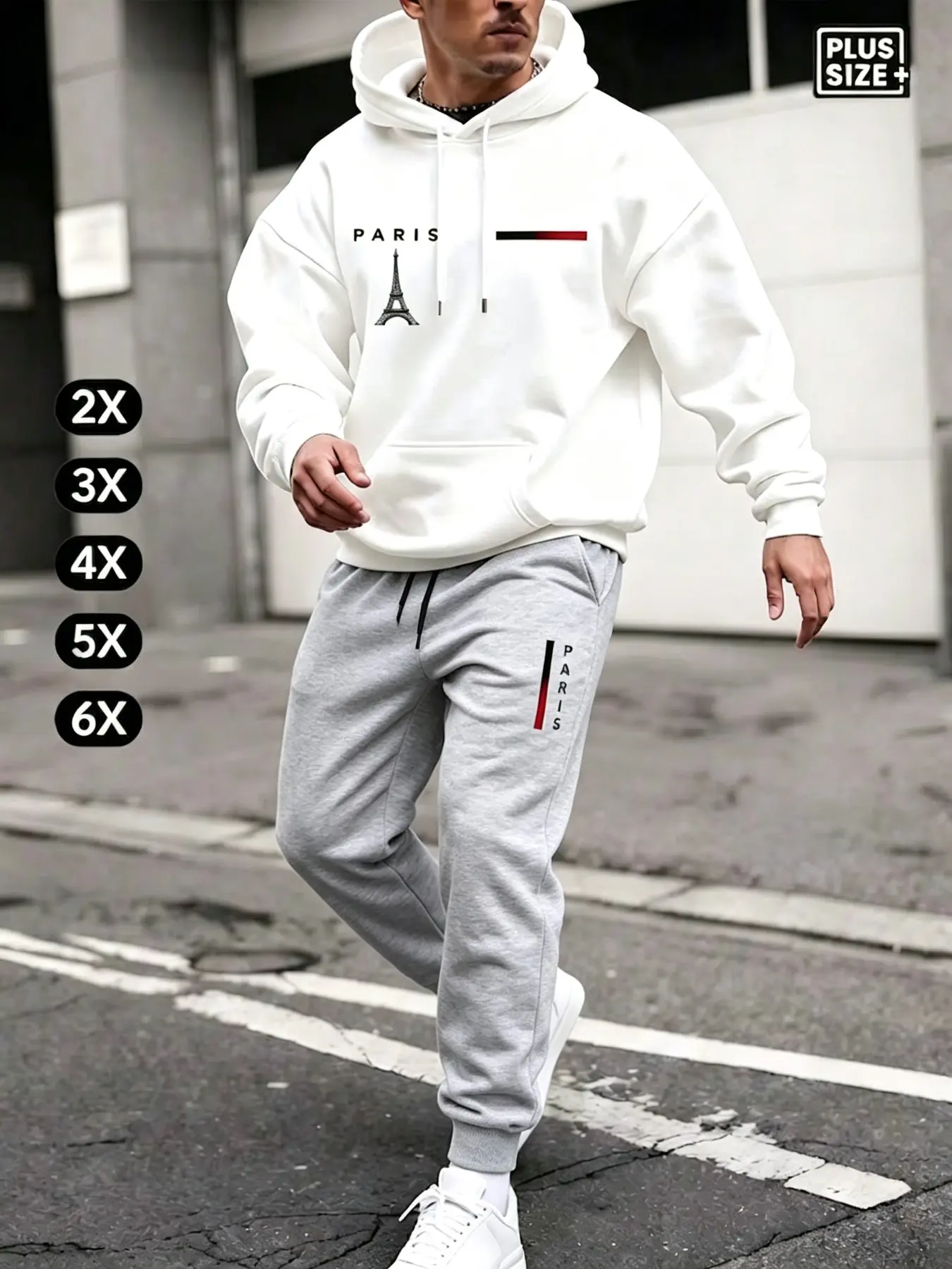 Autumn Winter Unisex Oversized Drawstring Hooded Sweatshirt and Pants Set, Paris Eiffel Tower Street Style, Casual Loose-Fit