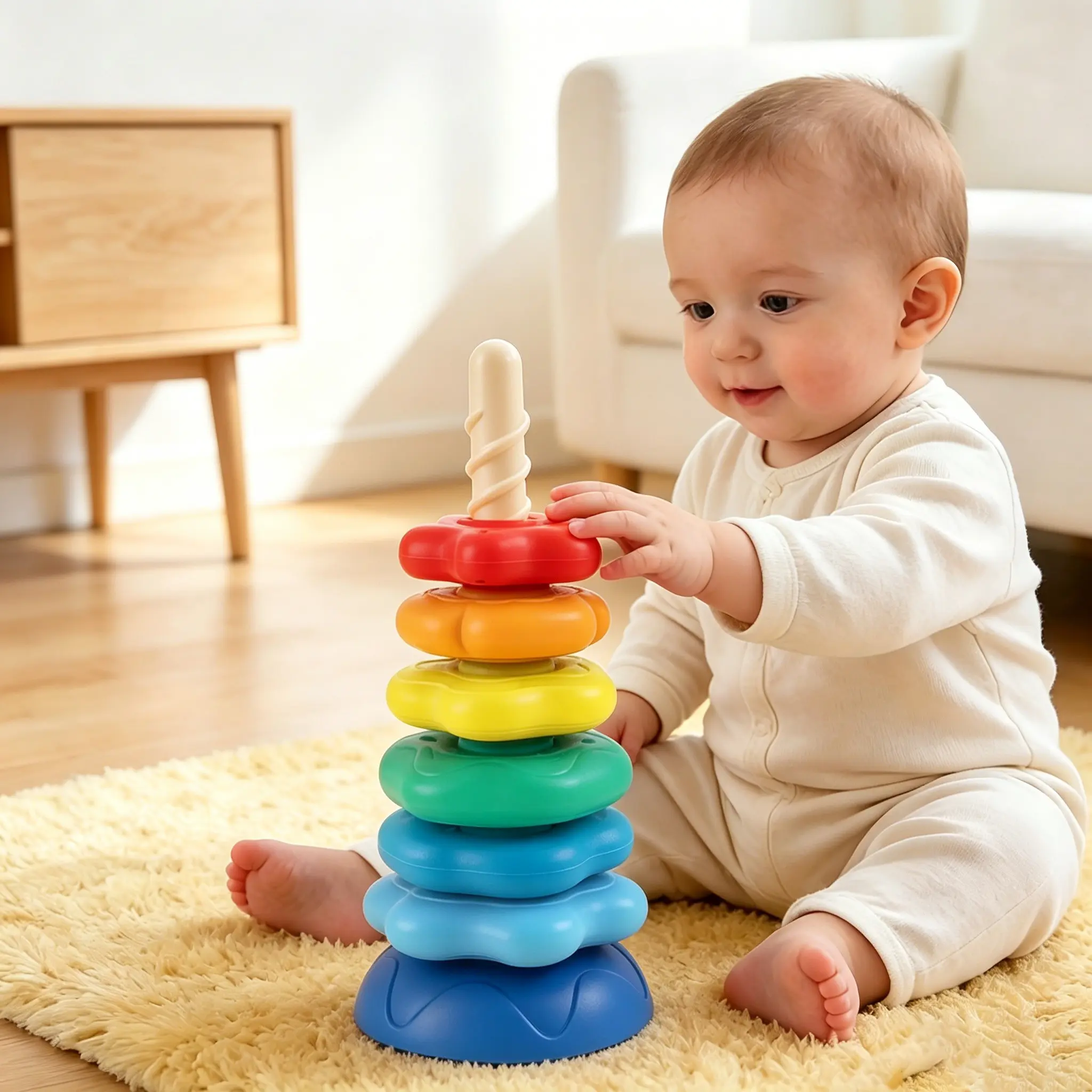 Rainbow Spinning Stacking Tower, Rainbow Ring Stacker, Montessori Sensory Baby Toy, Autospinning Color Sorting Rings, Toddler Educational Gift, 6-24 Months