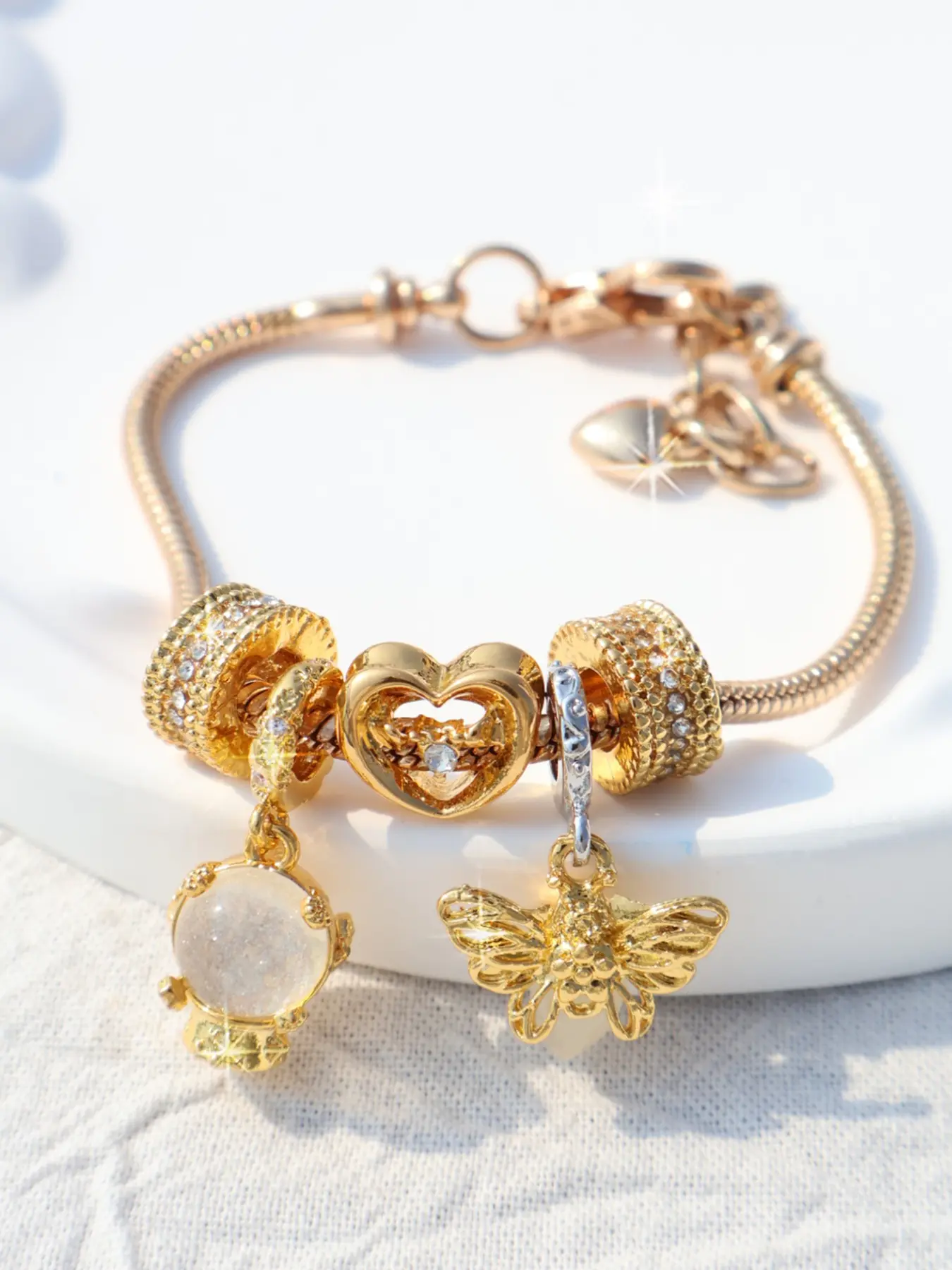 Crystal Ball Firefly Bracelet, Flower Cherry Blossom Clasp, Bee Design, Clear DIY Accessory, Fashionable Daily Wear, Sparkling Chain