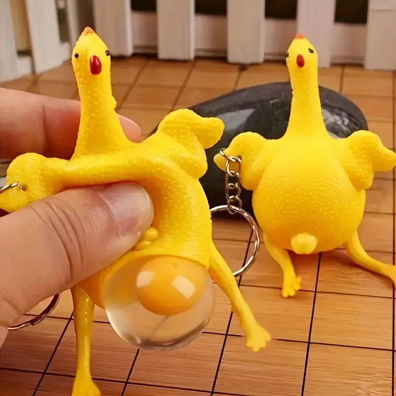 2pcs Funny Chicken-Shaped Egg Squeeze Keychains, Novelty Surprise Squishies Animal Toys Keyrings, Safe Materials Kids Classic & Novelty Toys (Random Color)