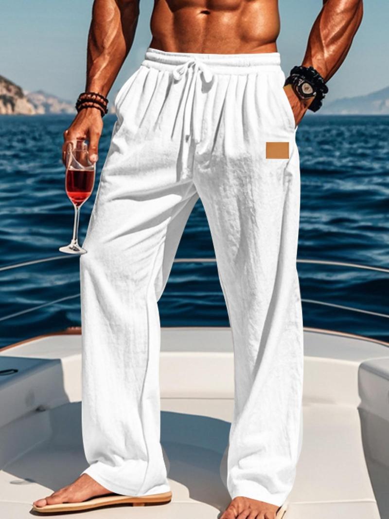 Men's Solid Color Linen Pants, Loose Casual Comfy Breathable Trousers, Casual Beach Pants for Vacation Holiday, Men Bottoms for Summer